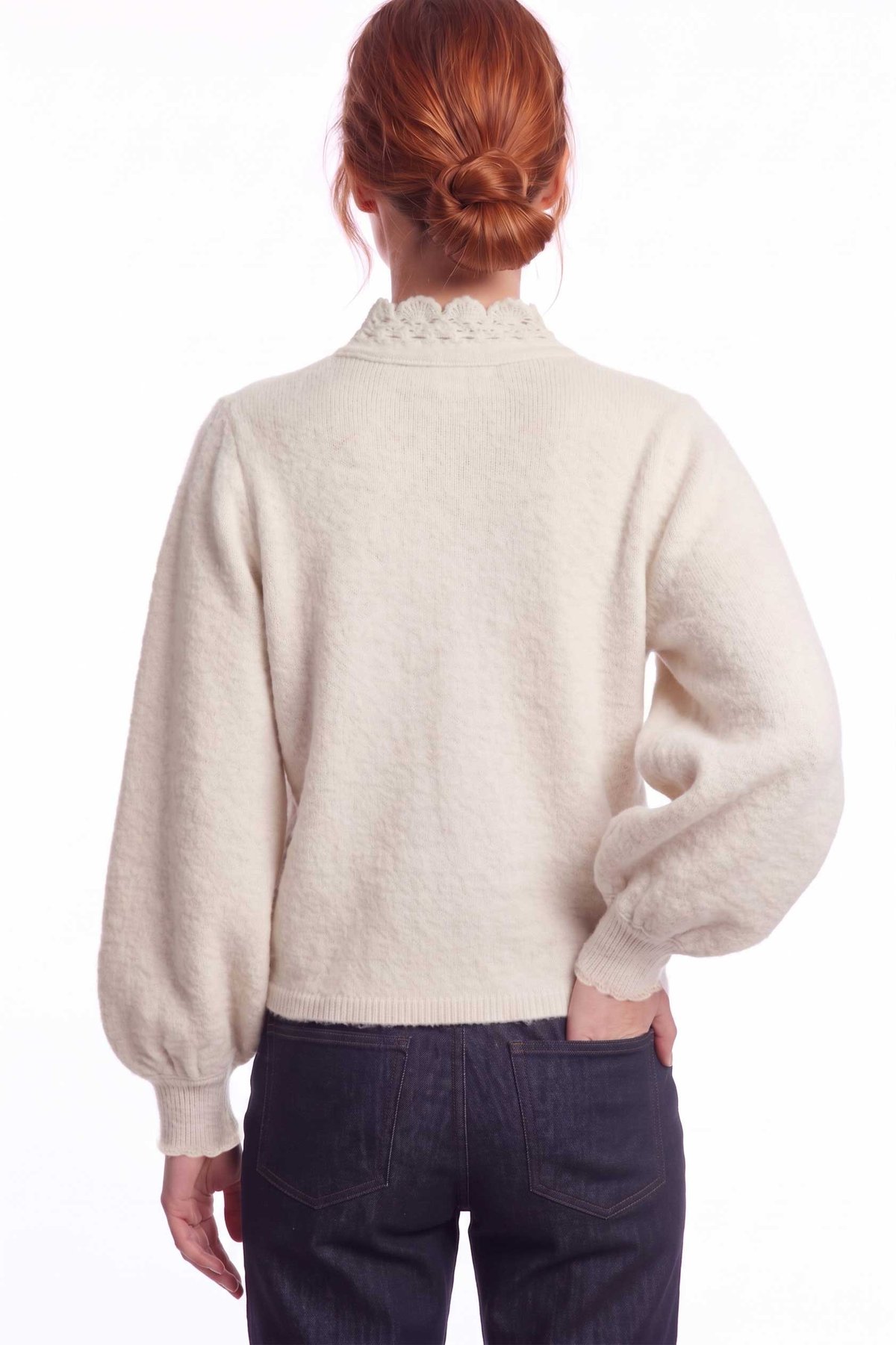 Peraluna Lucca Cardigan - Rahat Kesim Tığ İşli Kadın Triko Hırka - Ekru Melanj
