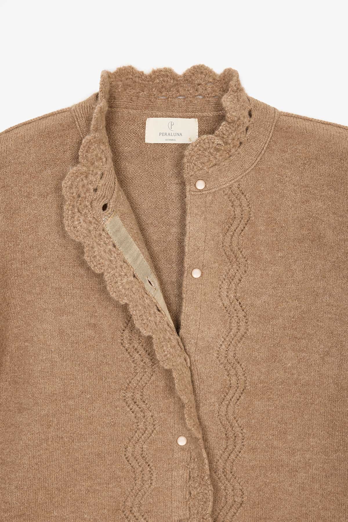 Peraluna Lucca Cardigan - Rahat Kesim Tığ İşli Kadın Triko Hırka - Camel Melanj
