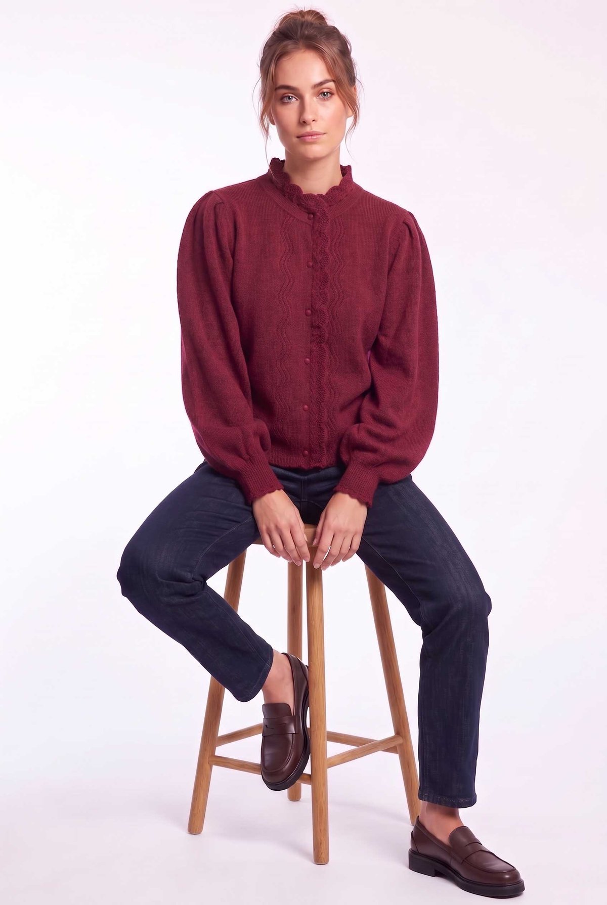 Peraluna Lucca Cardigan - Rahat Kesim Tığ İşli Kadın Triko Hırka - Bordo