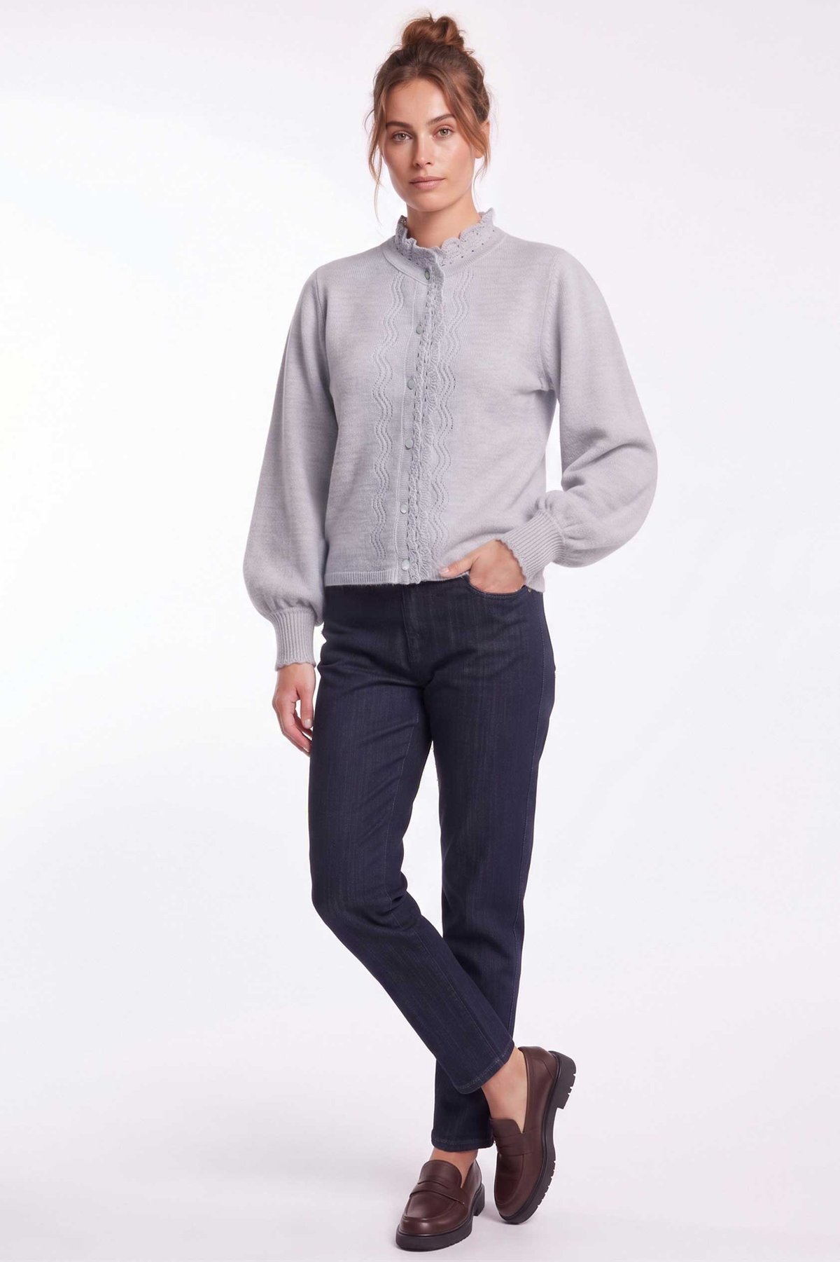Peraluna Lucca Cardigan - Rahat Kesim Tığ İşli Kadın Triko Hırka - Açık Gri