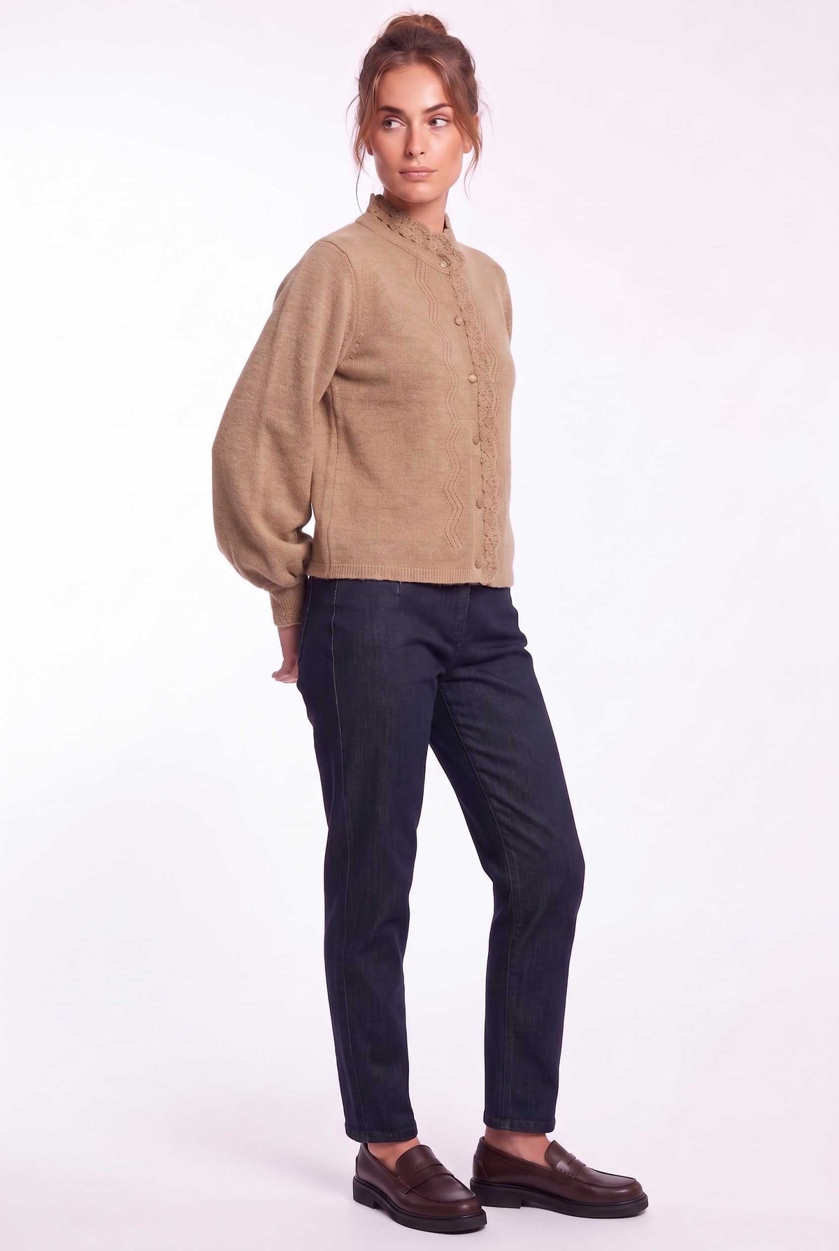 Peraluna Lucca Cardigan - Rahat Kesim Tığ İşli Kadın Triko Hırka - Camel Melanj