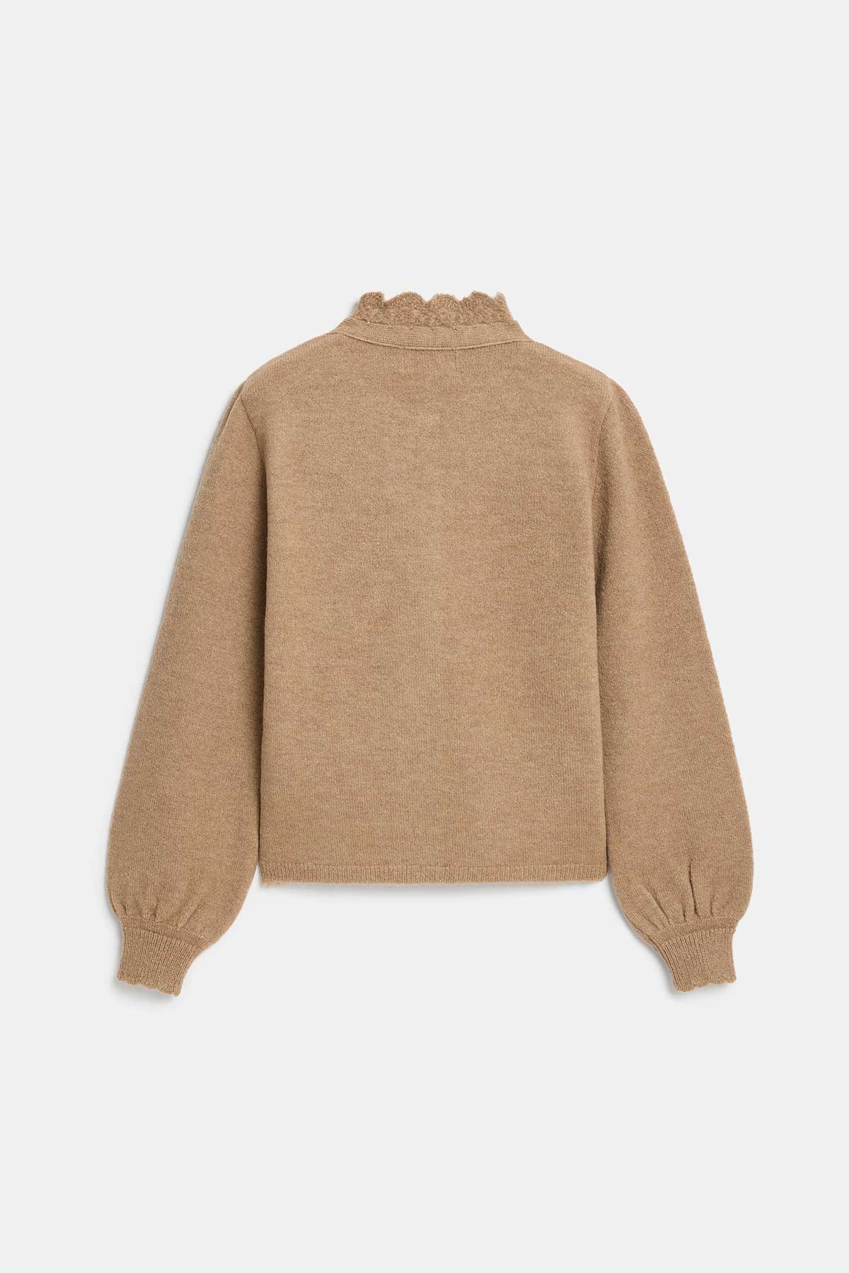 Peraluna Lucca Cardigan - Rahat Kesim Tığ İşli Kadın Triko Hırka - Camel Melanj