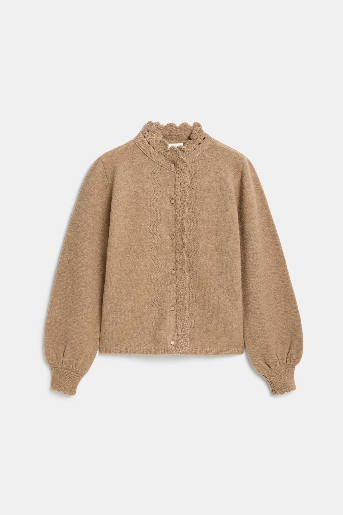 Peraluna Lucca Cardigan - Rahat Kesim Tığ İşli Kadın Triko Hırka - Camel Melanj