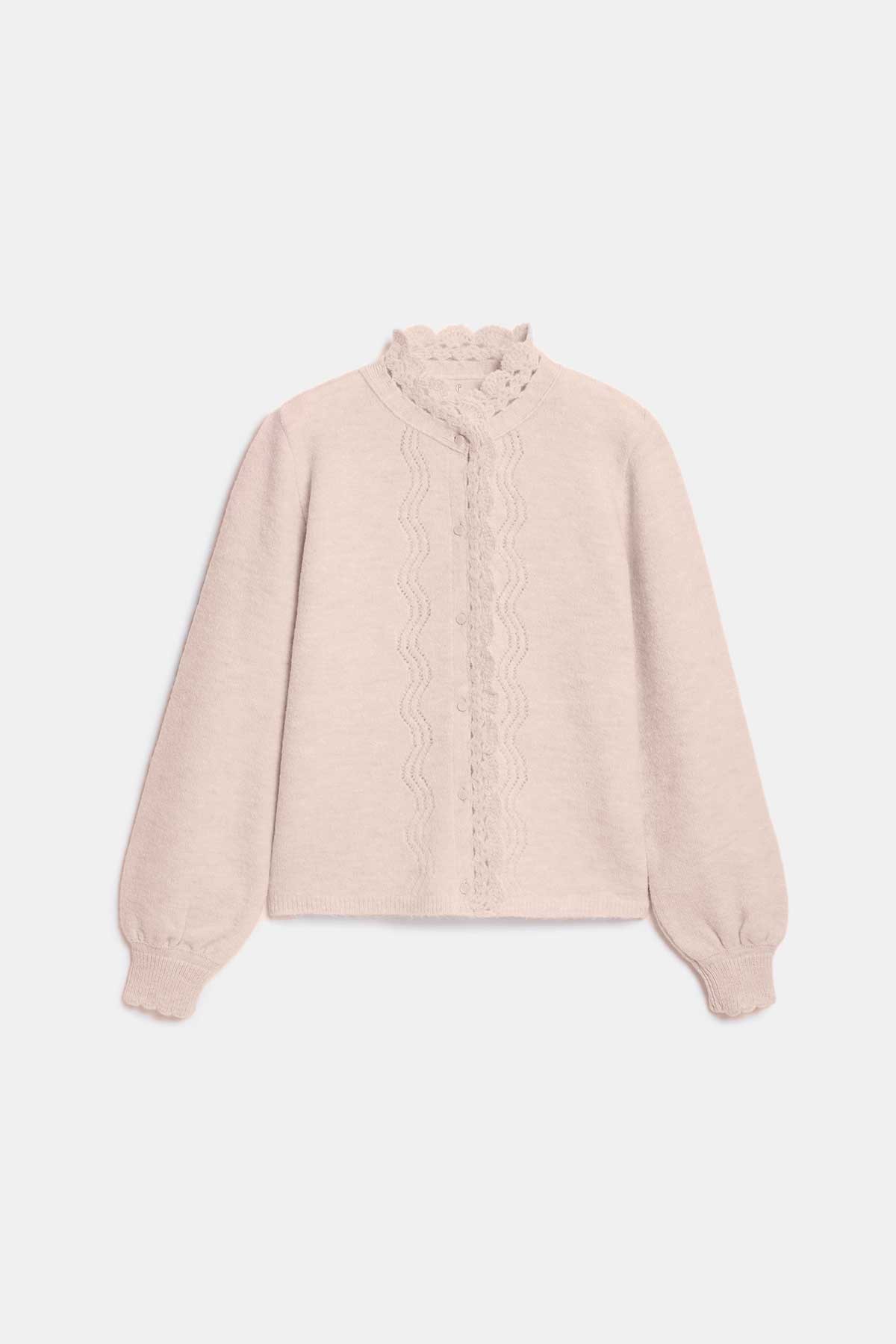 Peraluna Lucca Cardigan - Rahat Kesim Tığ İşli Kadın Triko Hırka - Ekru Melanj