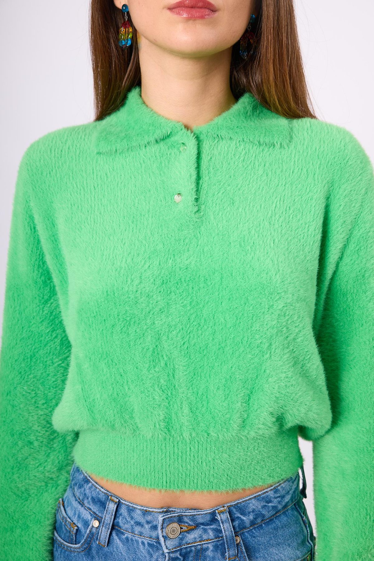 Peraluna Lucy Krop Kesim Polo Yaka Kadın Triko Bluz - Açık Yeşil