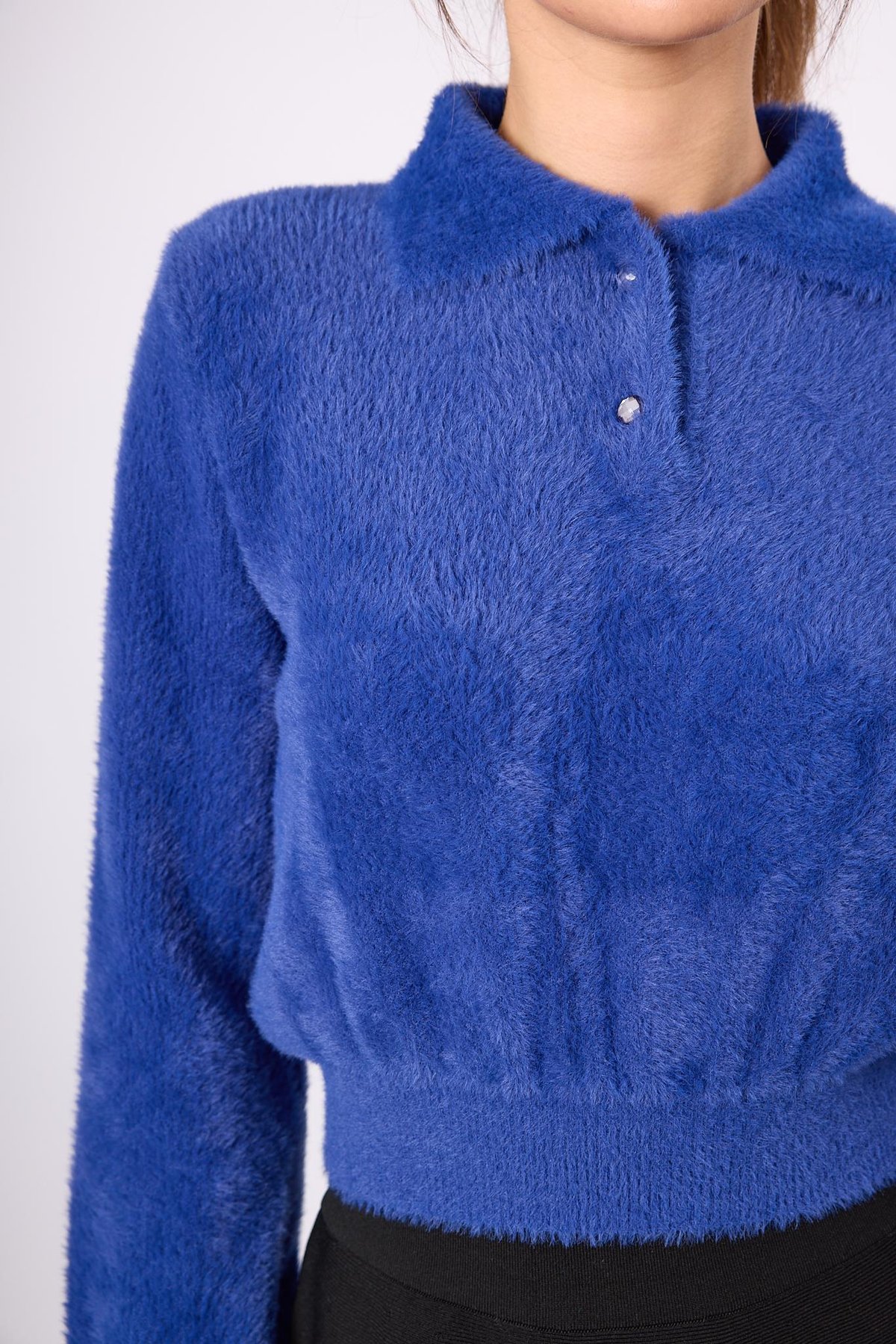 Peraluna Lucy Krop Kesim Polo Yaka Kadın Triko Bluz - Saks Mavi