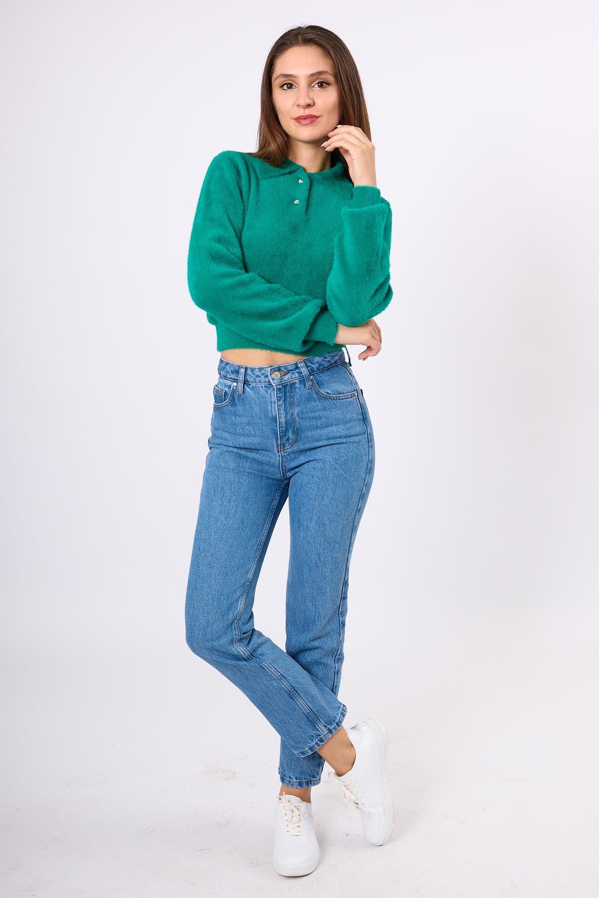 Peraluna Lucy Krop Kesim Polo Yaka Kadın Triko Bluz - Koyu Yeşil