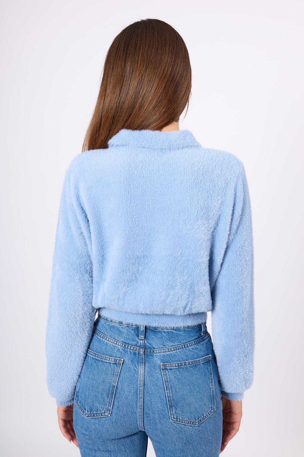 Peraluna Lucy Krop Kesim Polo Yaka Kadın Triko Bluz - Bebe Mavi