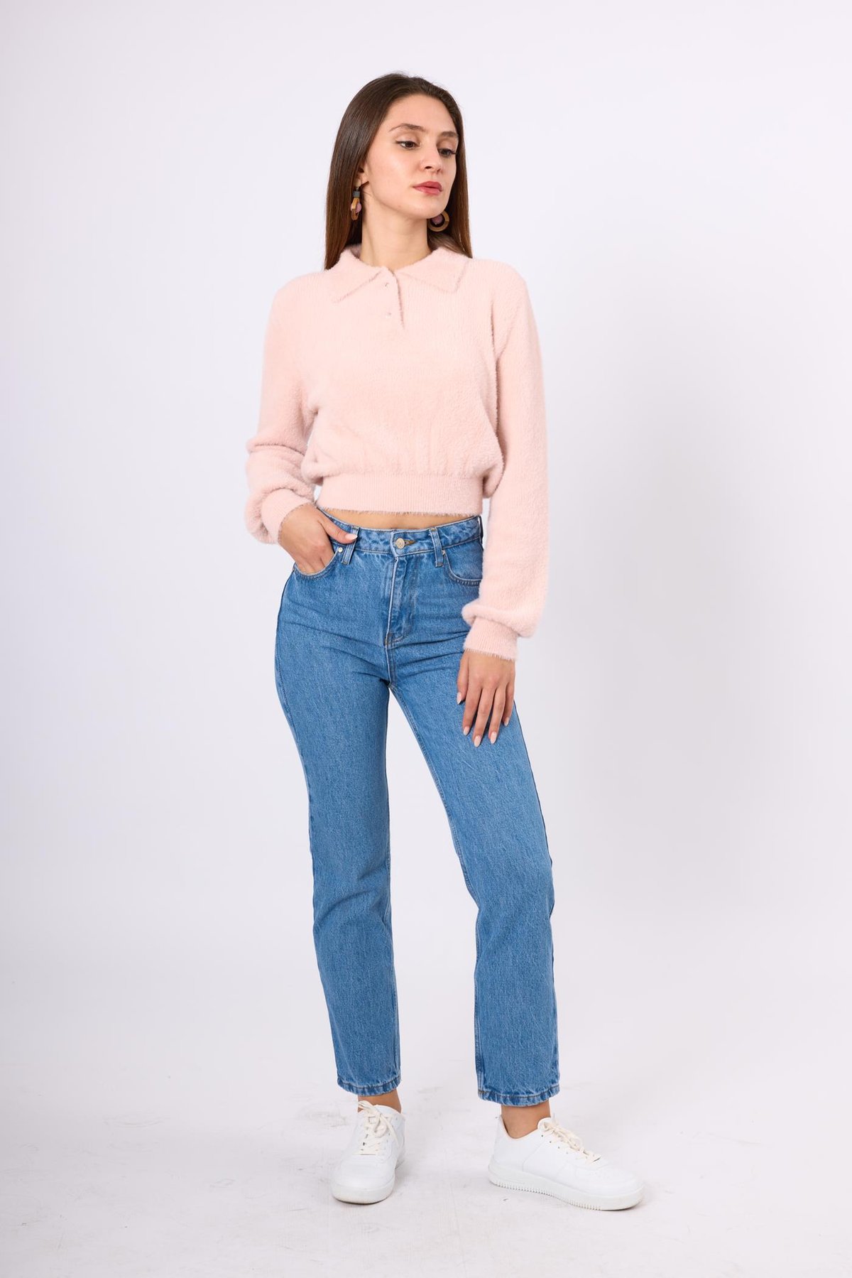 Peraluna Lucy Krop Kesim Polo Yaka Kadın Triko Bluz - Açık Pembe