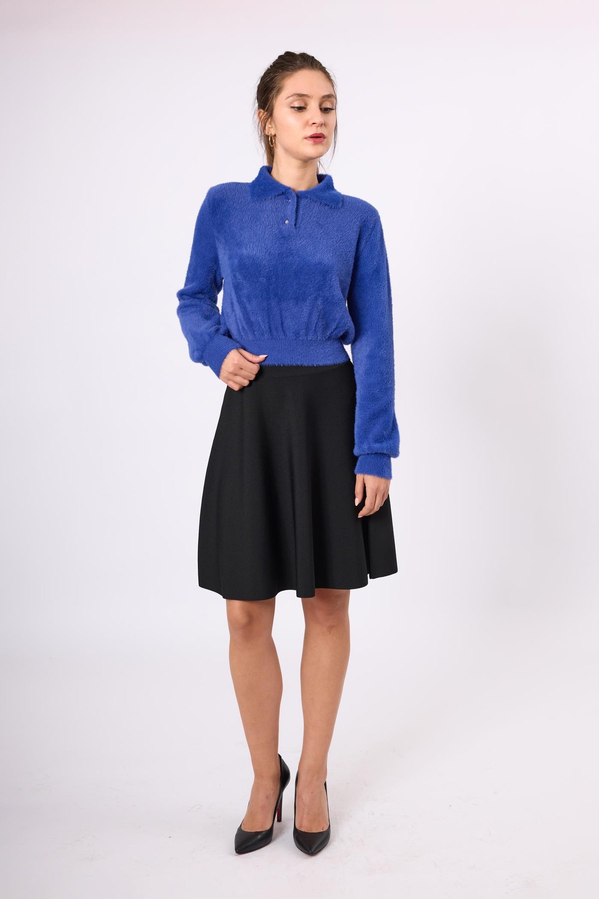 Peraluna Lucy Krop Kesim Polo Yaka Kadın Triko Bluz - Saks Mavi