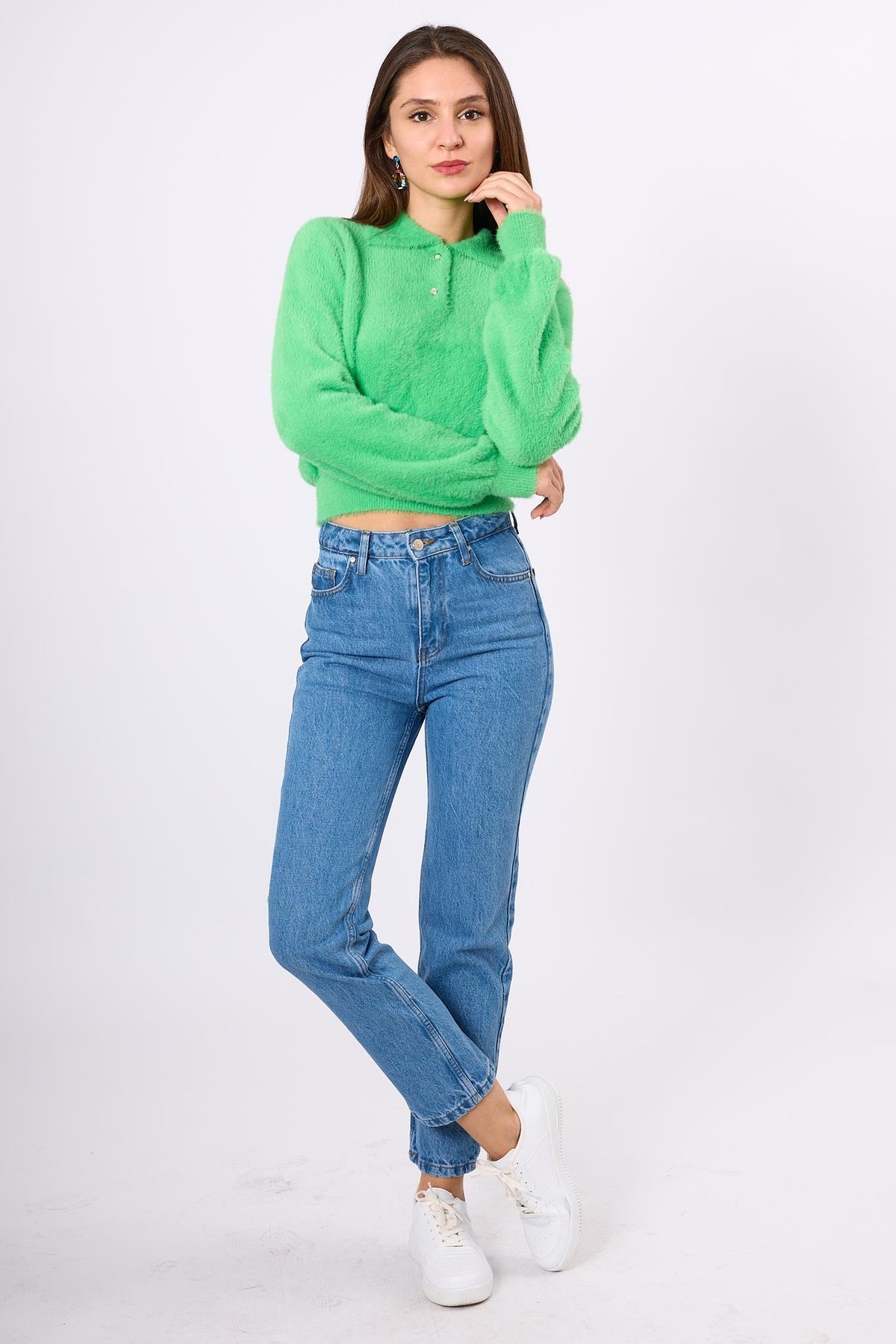 Peraluna Lucy Krop Kesim Polo Yaka Kadın Triko Bluz - Açık Yeşil