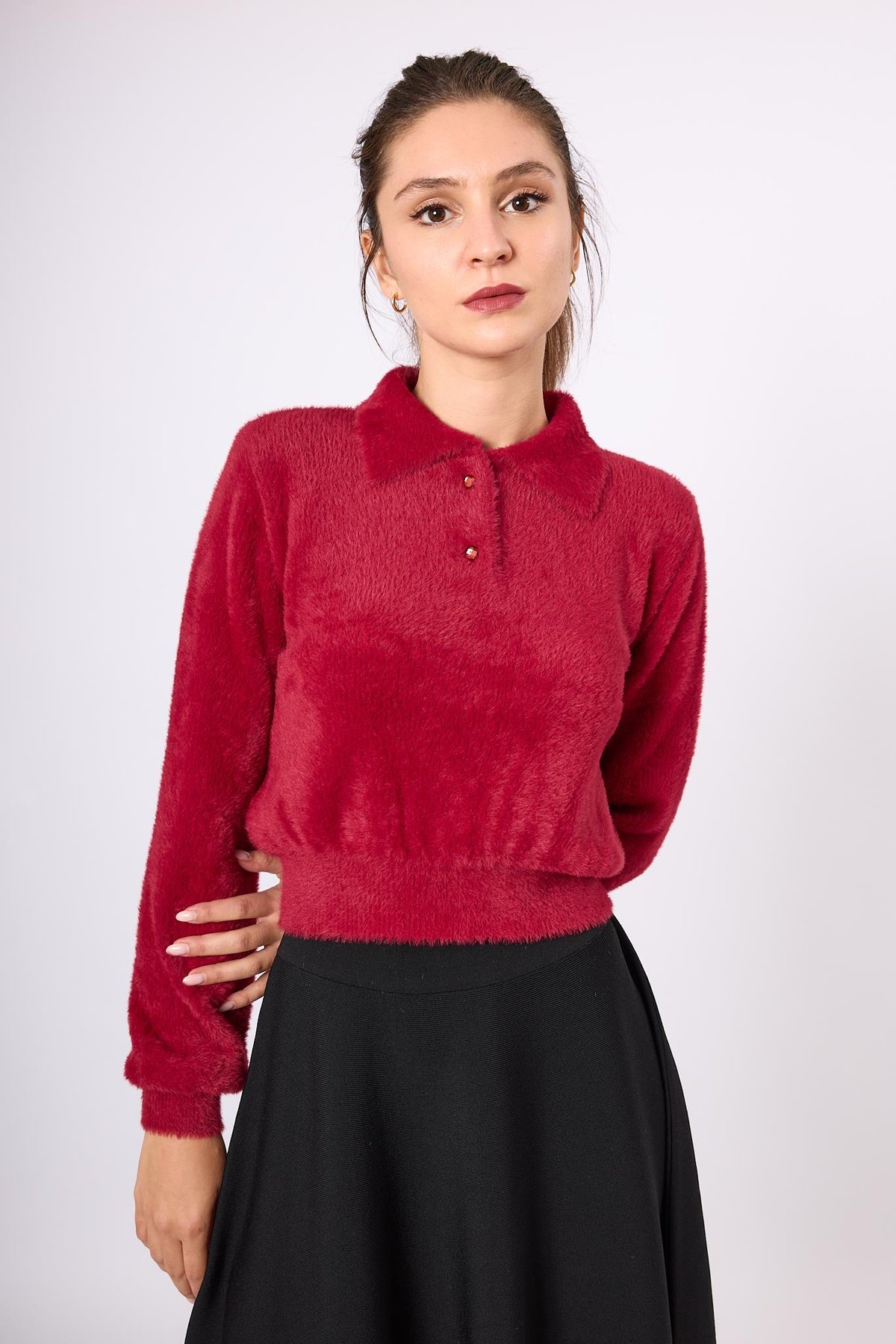 Peraluna Lucy Krop Kesim Polo Yaka Kadın Triko Bluz - Bordo