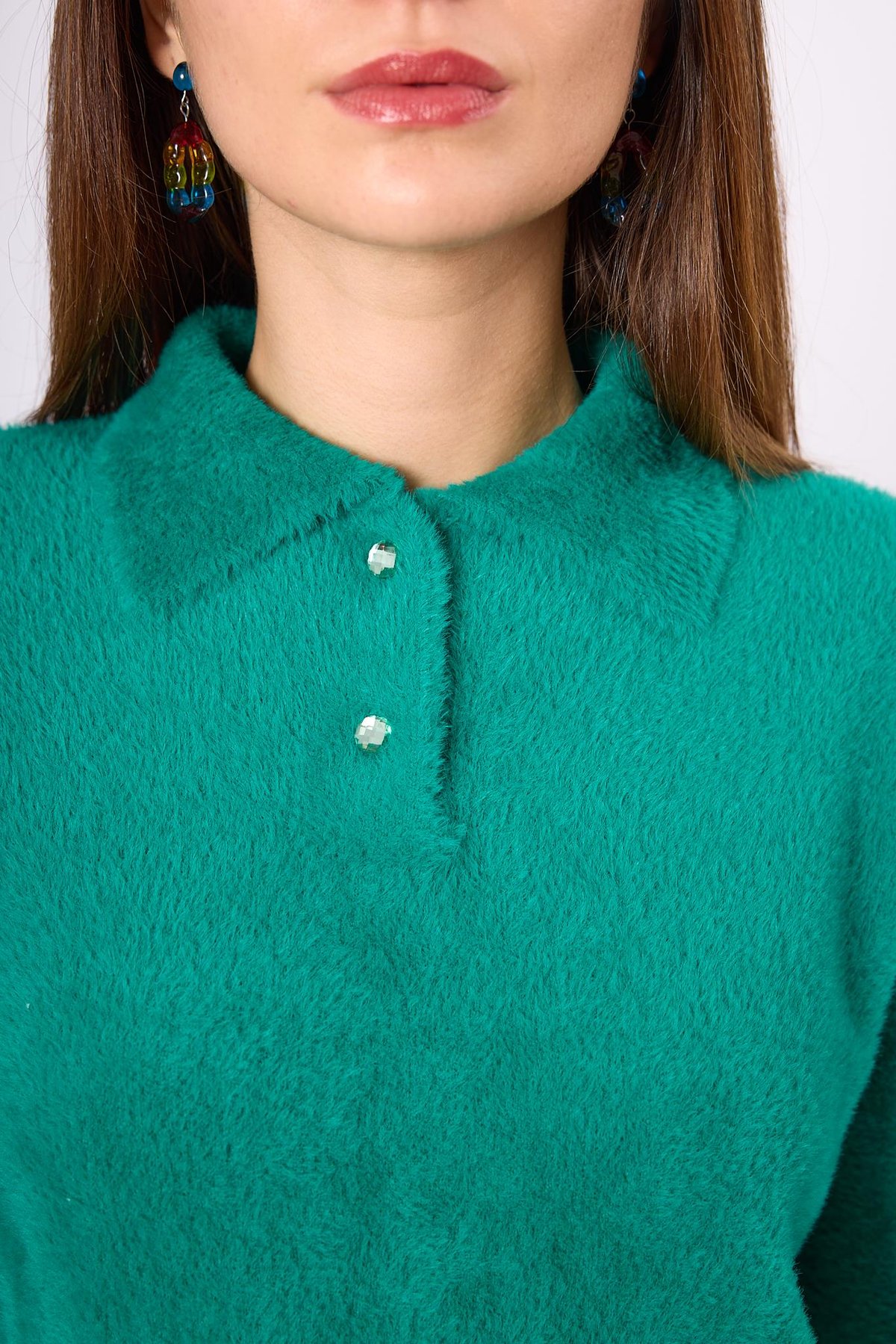 Peraluna Lucy Krop Kesim Polo Yaka Kadın Triko Bluz - Koyu Yeşil