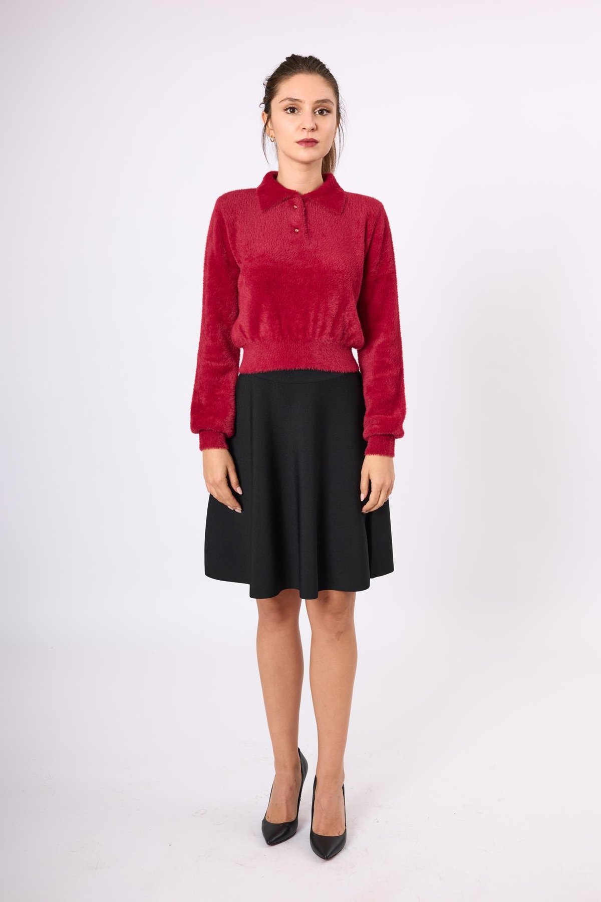 Peraluna Lucy Krop Kesim Polo Yaka Kadın Triko Bluz - Bordo