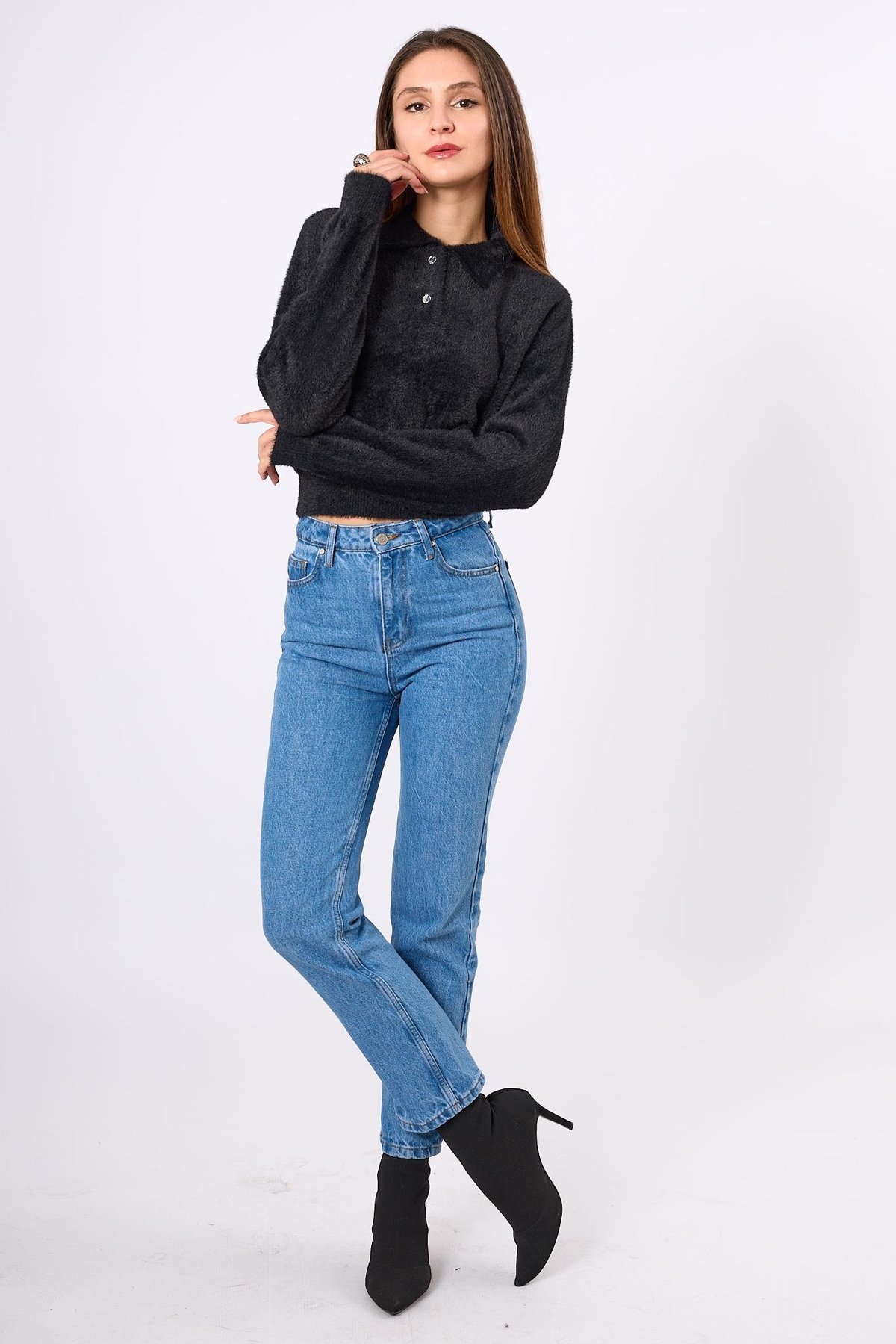 Peraluna Lucy Krop Kesim Polo Yaka Kadın Triko Bluz - Siyah