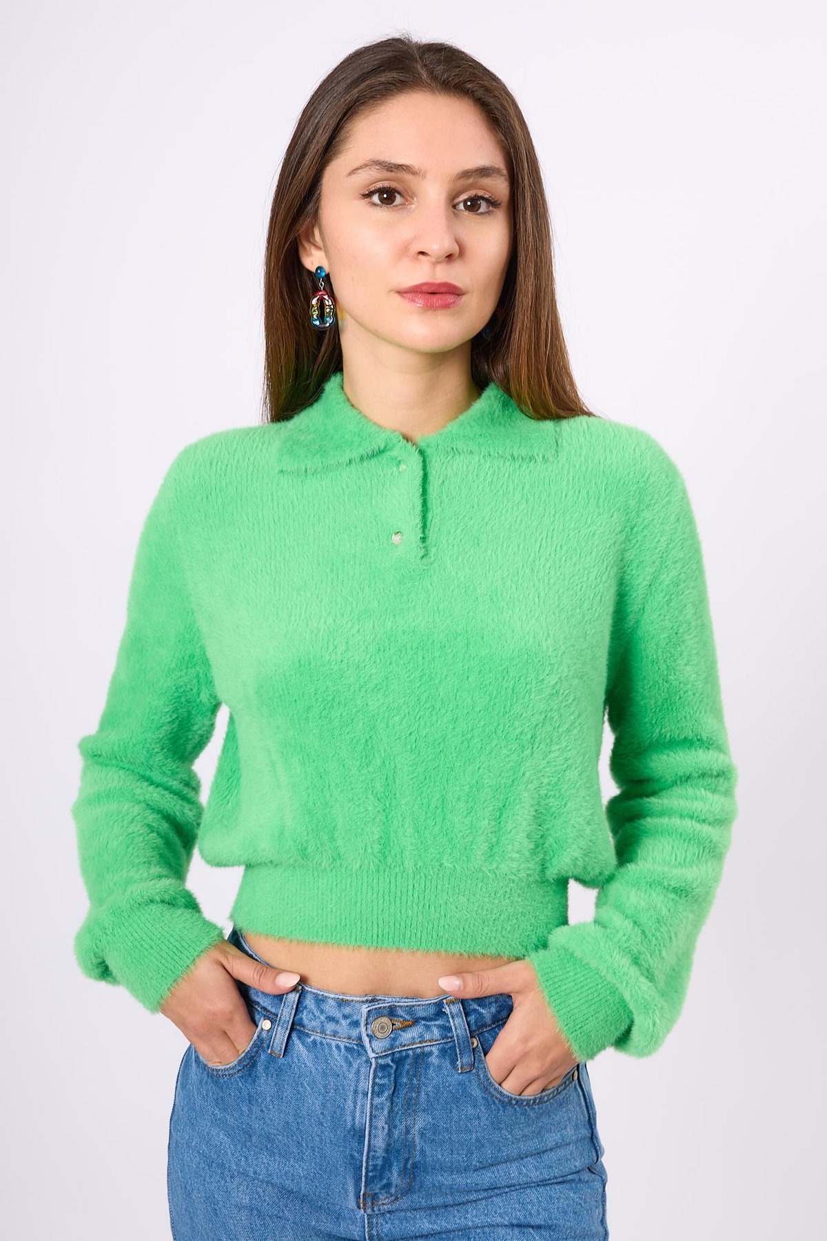 Peraluna Lucy Krop Kesim Polo Yaka Kadın Triko Bluz - Açık Yeşil