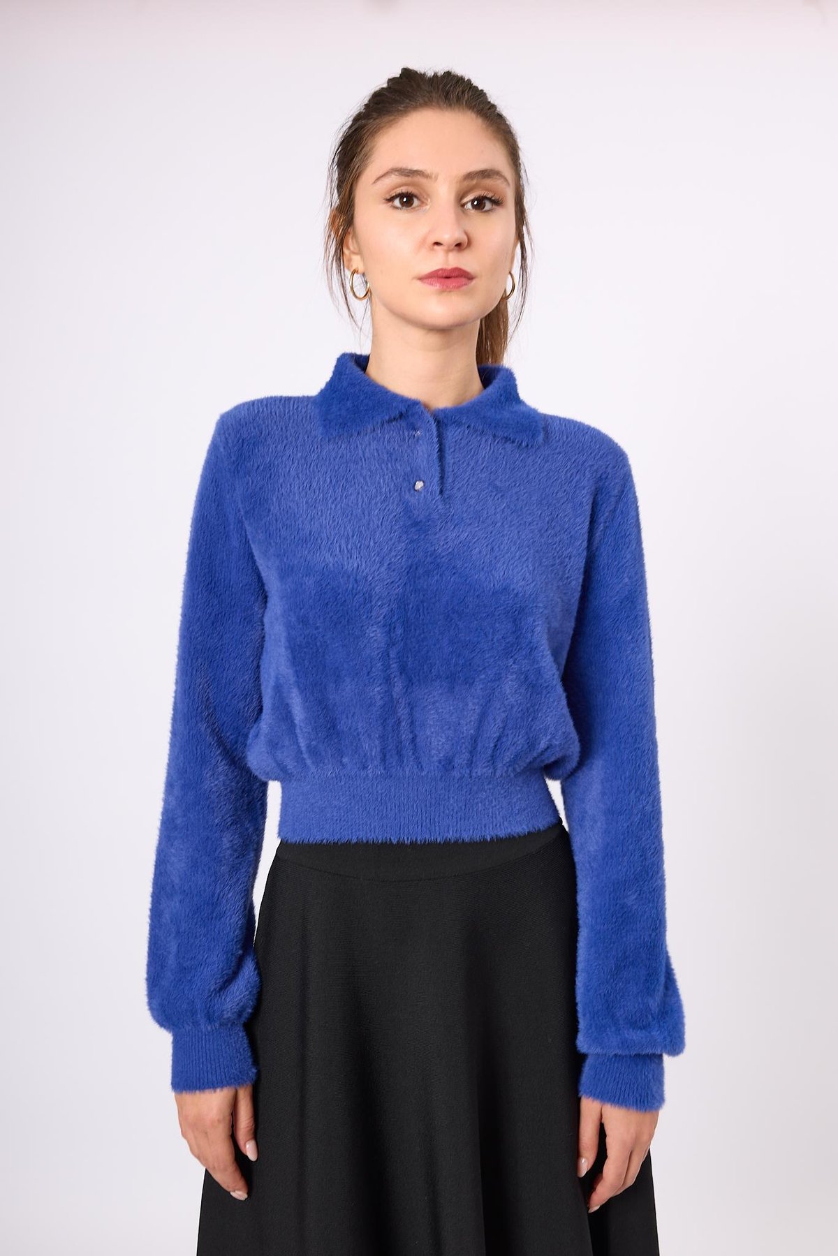 Peraluna Lucy Krop Kesim Polo Yaka Kadın Triko Bluz - Saks Mavi