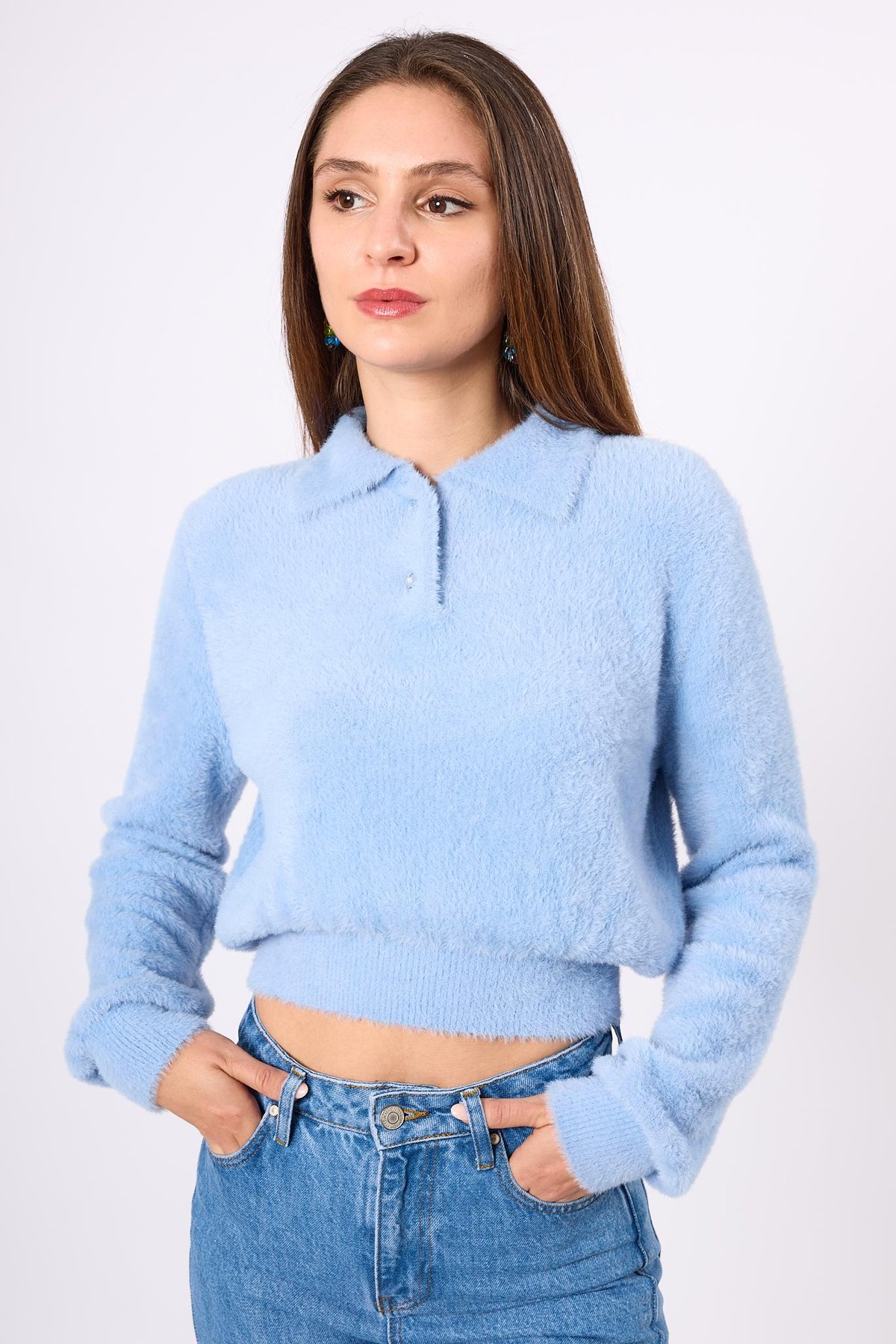 Peraluna Lucy Krop Kesim Polo Yaka Kadın Triko Bluz - Bebe Mavi