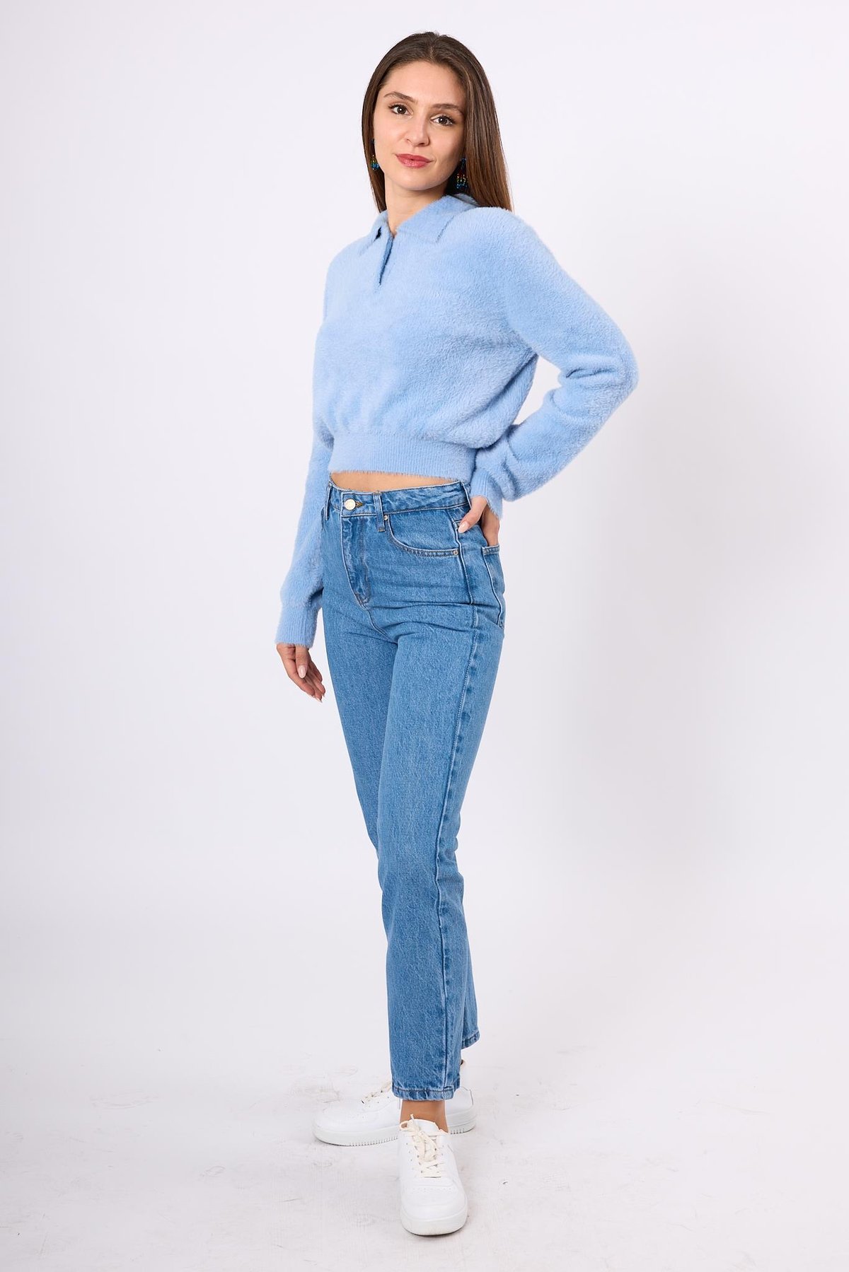 Peraluna Lucy Krop Kesim Polo Yaka Kadın Triko Bluz - Bebe Mavi