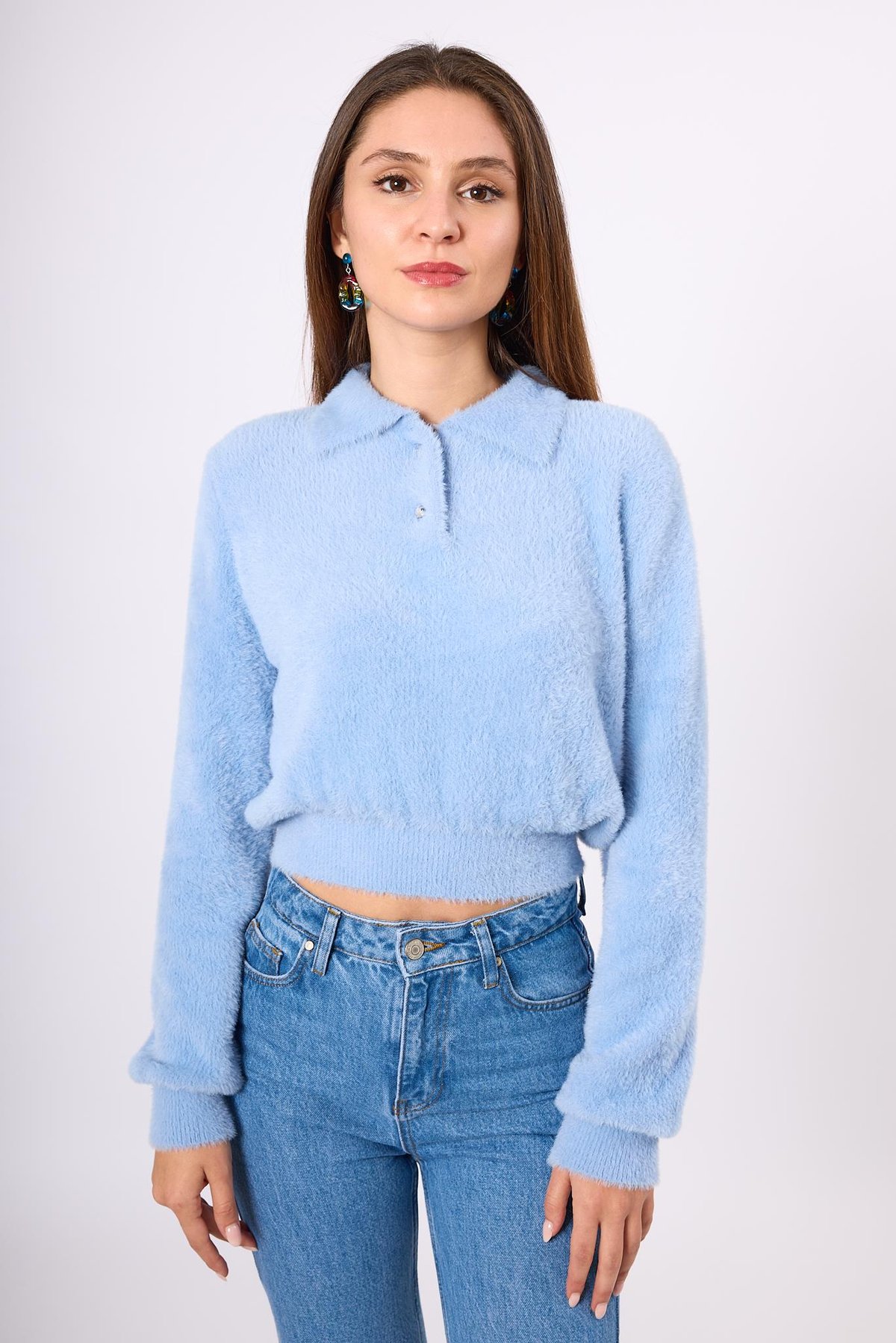 Peraluna Lucy Krop Kesim Polo Yaka Kadın Triko Bluz - Bebe Mavi