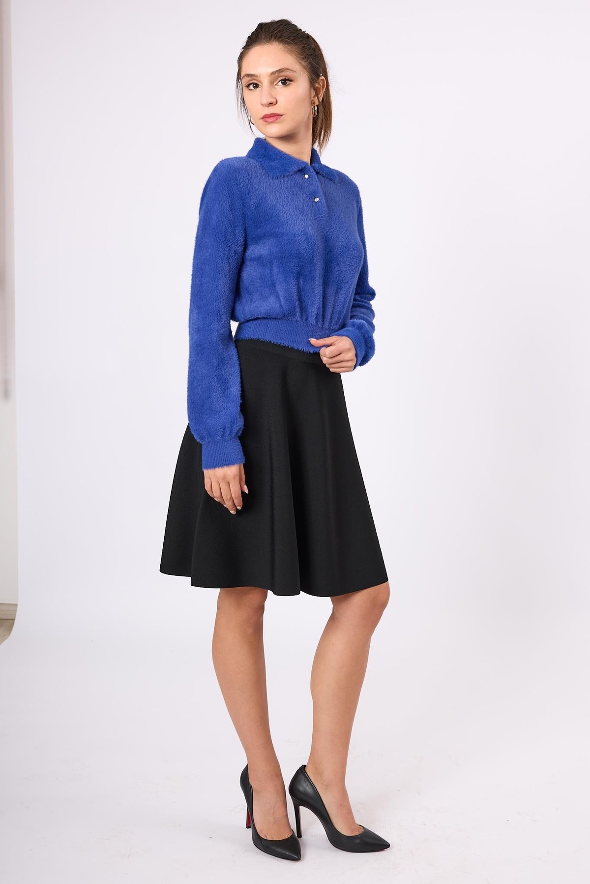 Peraluna Lucy Krop Kesim Polo Yaka Kadın Triko Bluz - Saks Mavi