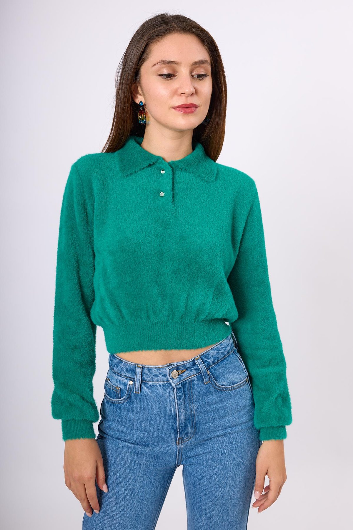 Peraluna Lucy Krop Kesim Polo Yaka Kadın Triko Bluz - Koyu Yeşil