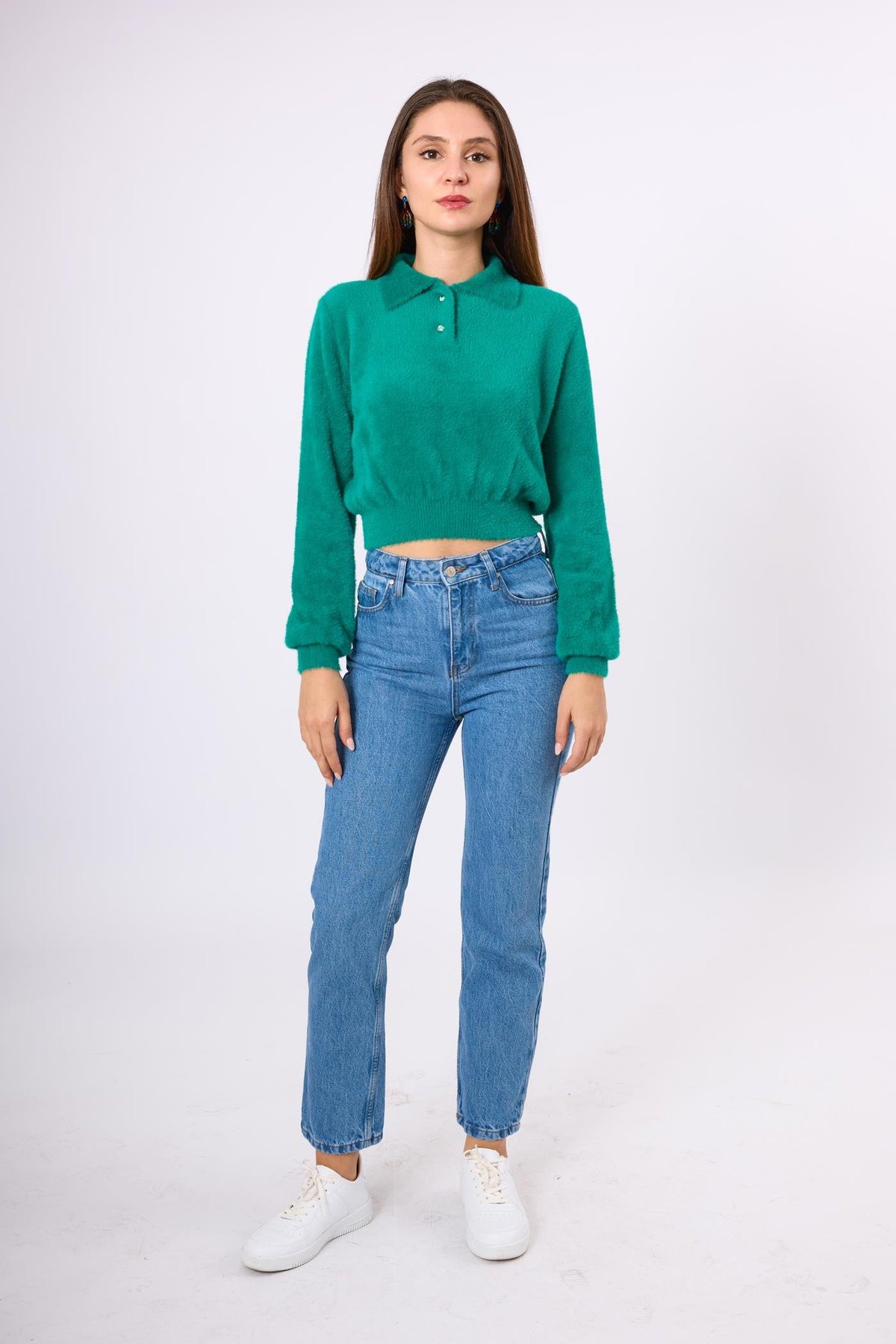 Peraluna Lucy Krop Kesim Polo Yaka Kadın Triko Bluz - Koyu Yeşil