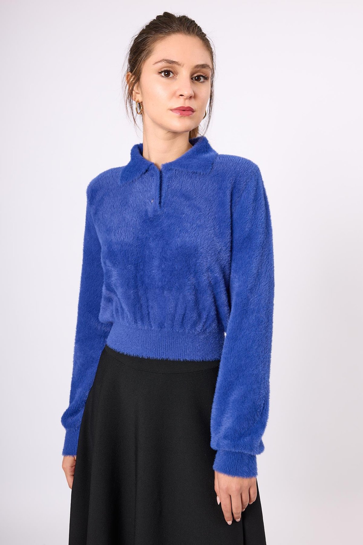 Peraluna Lucy Krop Kesim Polo Yaka Kadın Triko Bluz - Saks Mavi