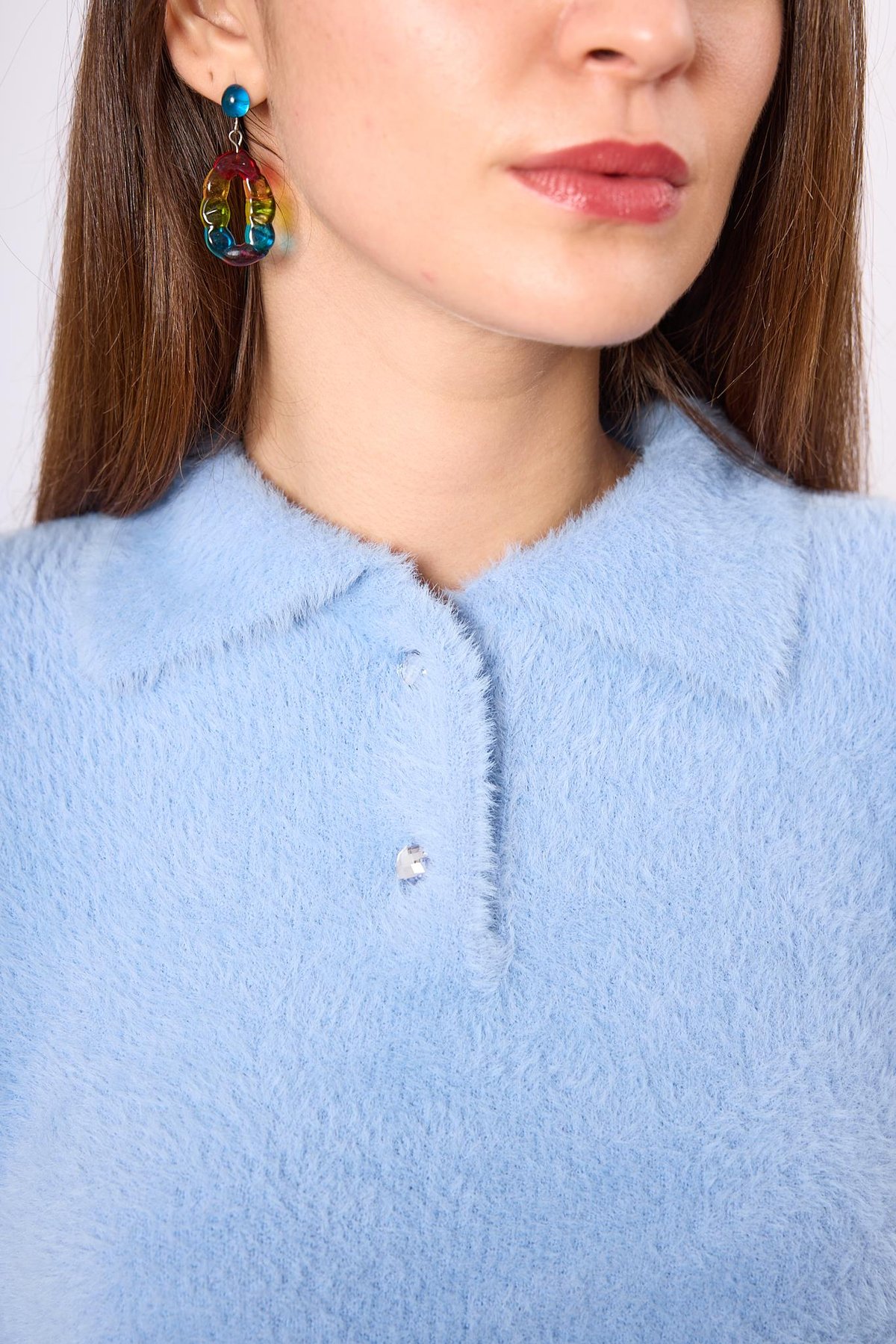 Peraluna Lucy Krop Kesim Polo Yaka Kadın Triko Bluz - Bebe Mavi