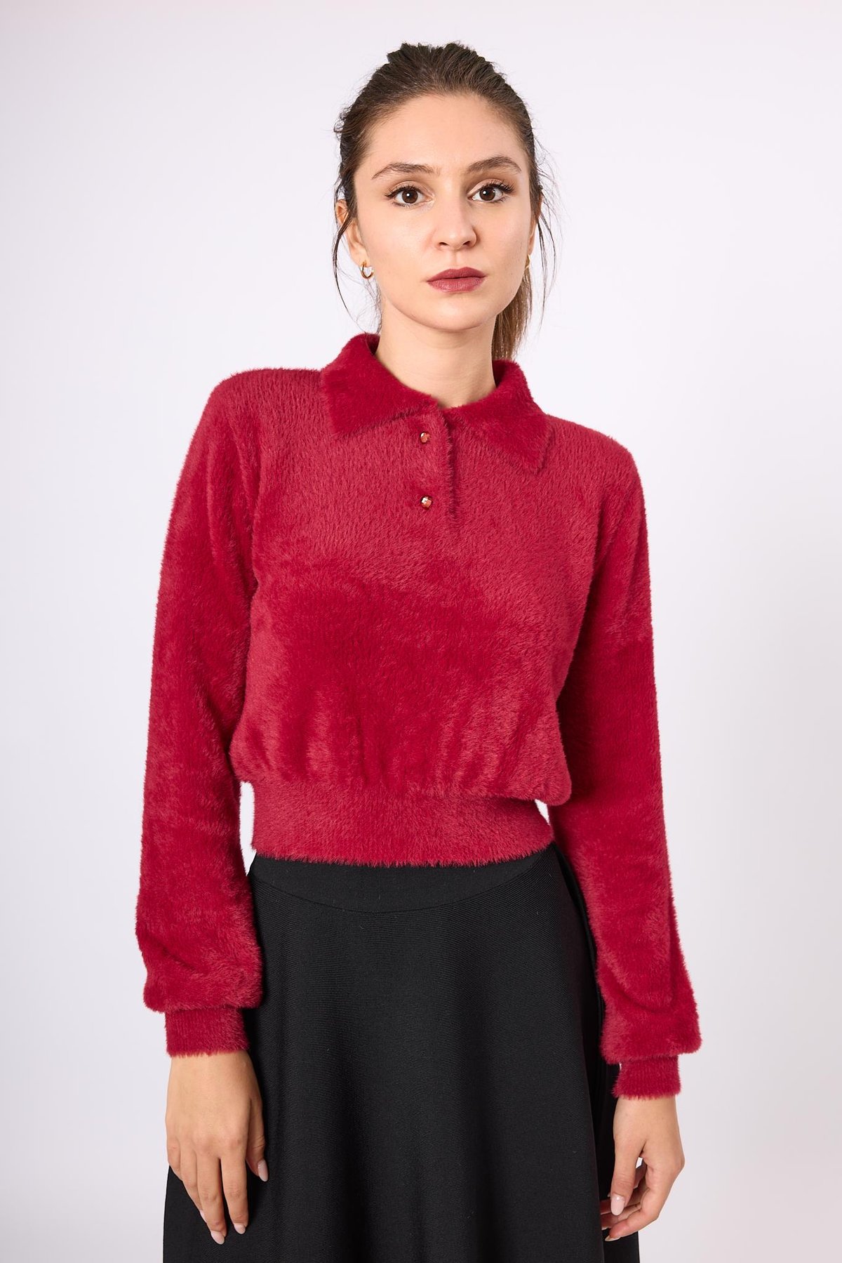 Peraluna Lucy Krop Kesim Polo Yaka Kadın Triko Bluz - Bordo