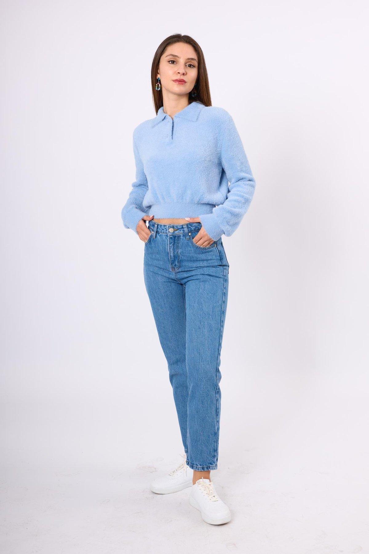 Peraluna Lucy Krop Kesim Polo Yaka Kadın Triko Bluz - Bebe Mavi