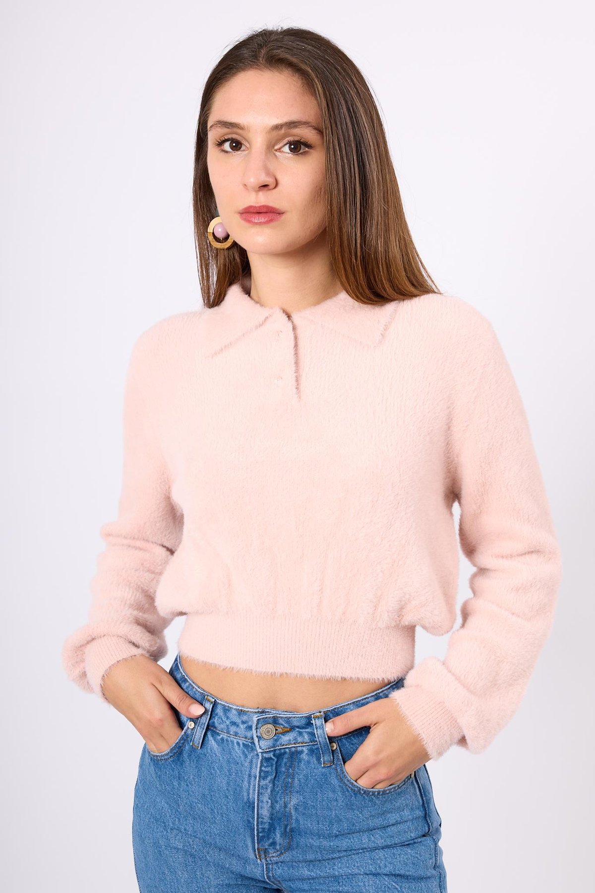 Peraluna Lucy Krop Kesim Polo Yaka Kadın Triko Bluz - Açık Pembe