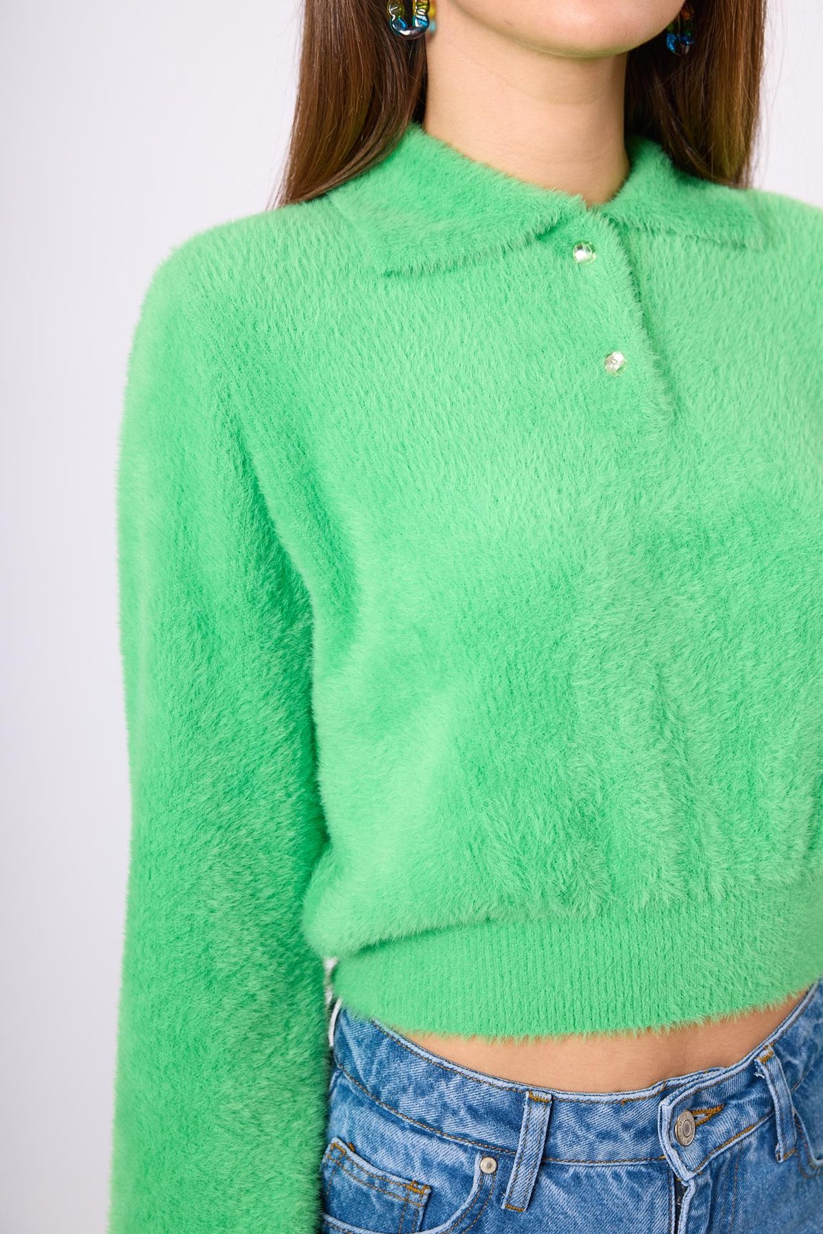 Peraluna Lucy Krop Kesim Polo Yaka Kadın Triko Bluz - Açık Yeşil