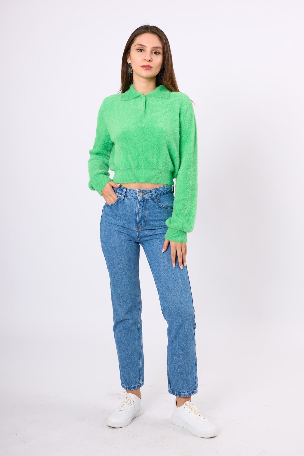 Peraluna Lucy Krop Kesim Polo Yaka Kadın Triko Bluz - Açık Yeşil