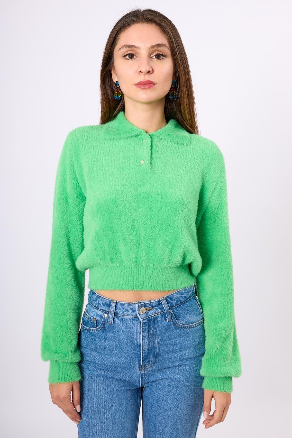 Peraluna Lucy Krop Kesim Polo Yaka Kadın Triko Bluz - Açık Yeşil