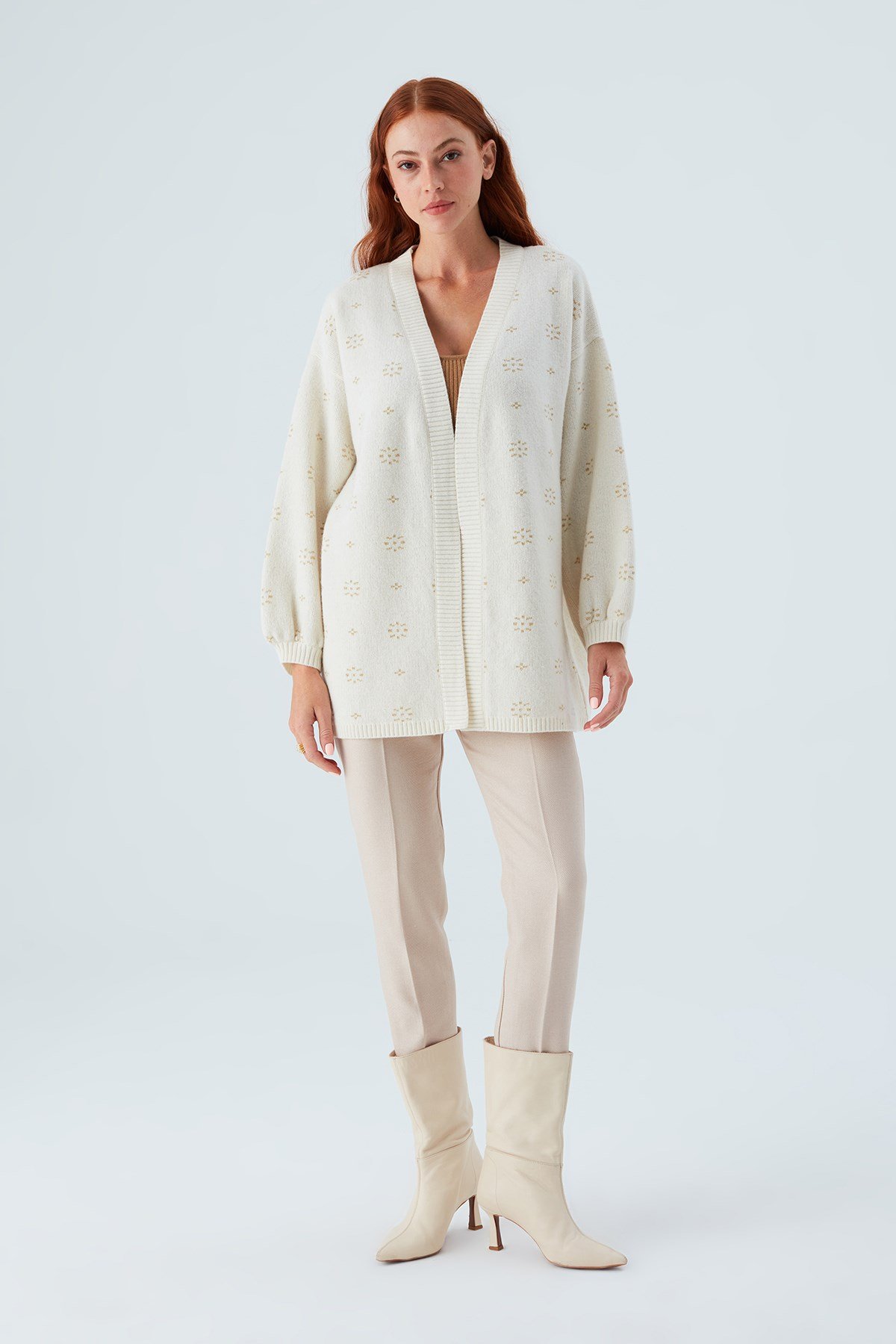 Peraluna LULU CARDIGAN Lurex Snowflake Patterned Long Women's Knitwear Cardigan - Ecru