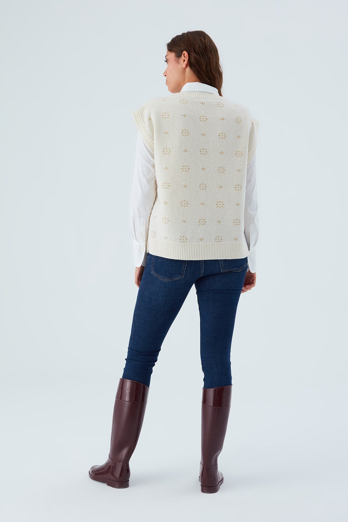 Peraluna LULU SLIP OVER Simli Kar Taneli Yanları Düğmeli V Yaka Kadın Triko Süveter Ekru