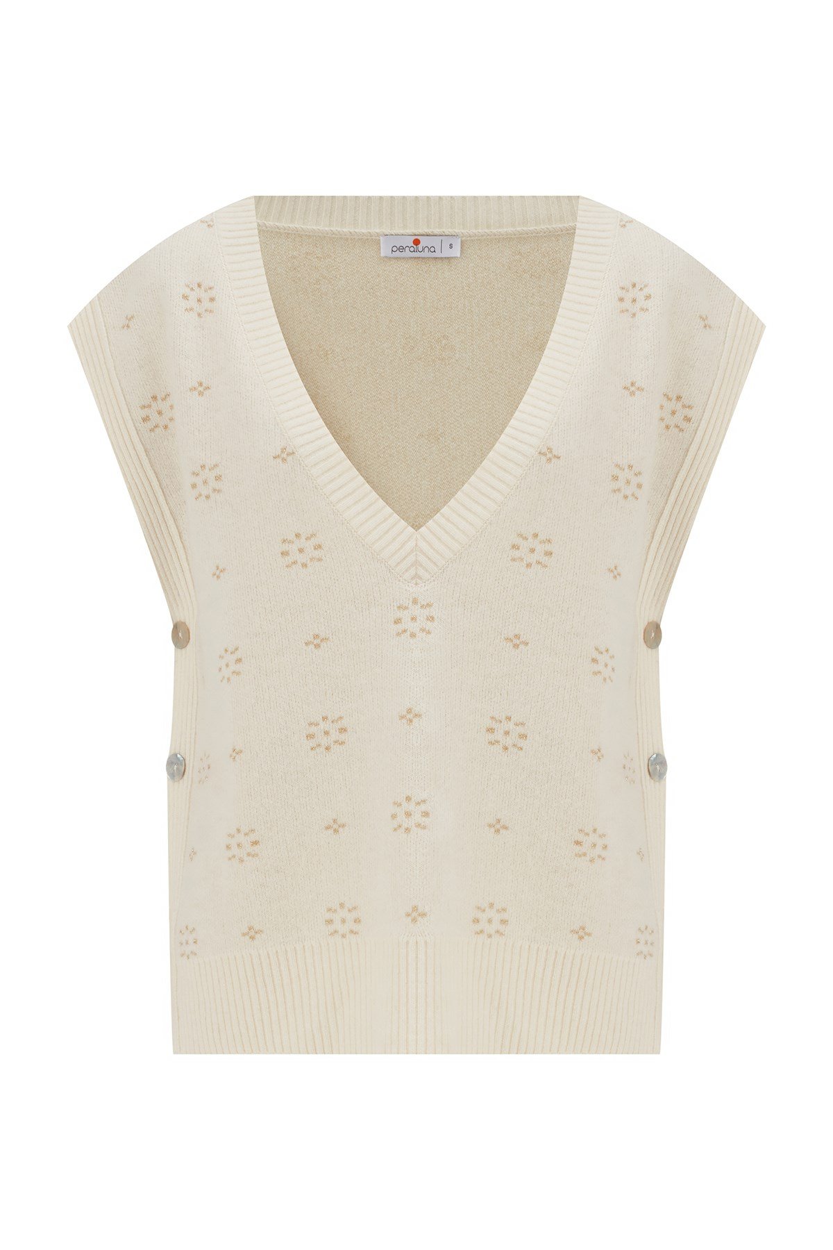 Peraluna LULU SLIP OVER Simli Kar Taneli Yanları Düğmeli V Yaka Kadın Triko Süveter Ekru