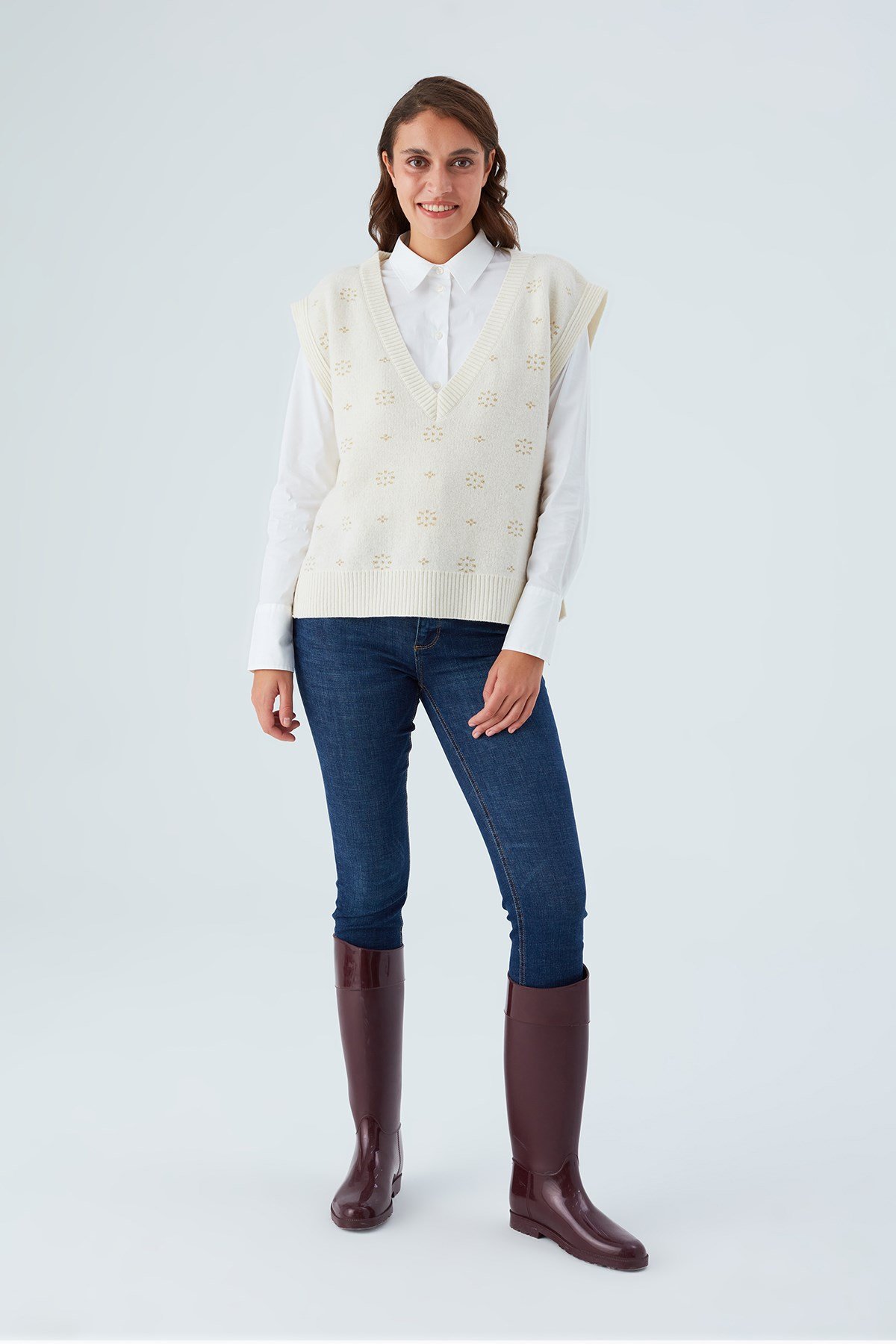 Peraluna LULU SLIP OVER Simli Kar Taneli Yanları Düğmeli V Yaka Kadın Triko Süveter Ekru