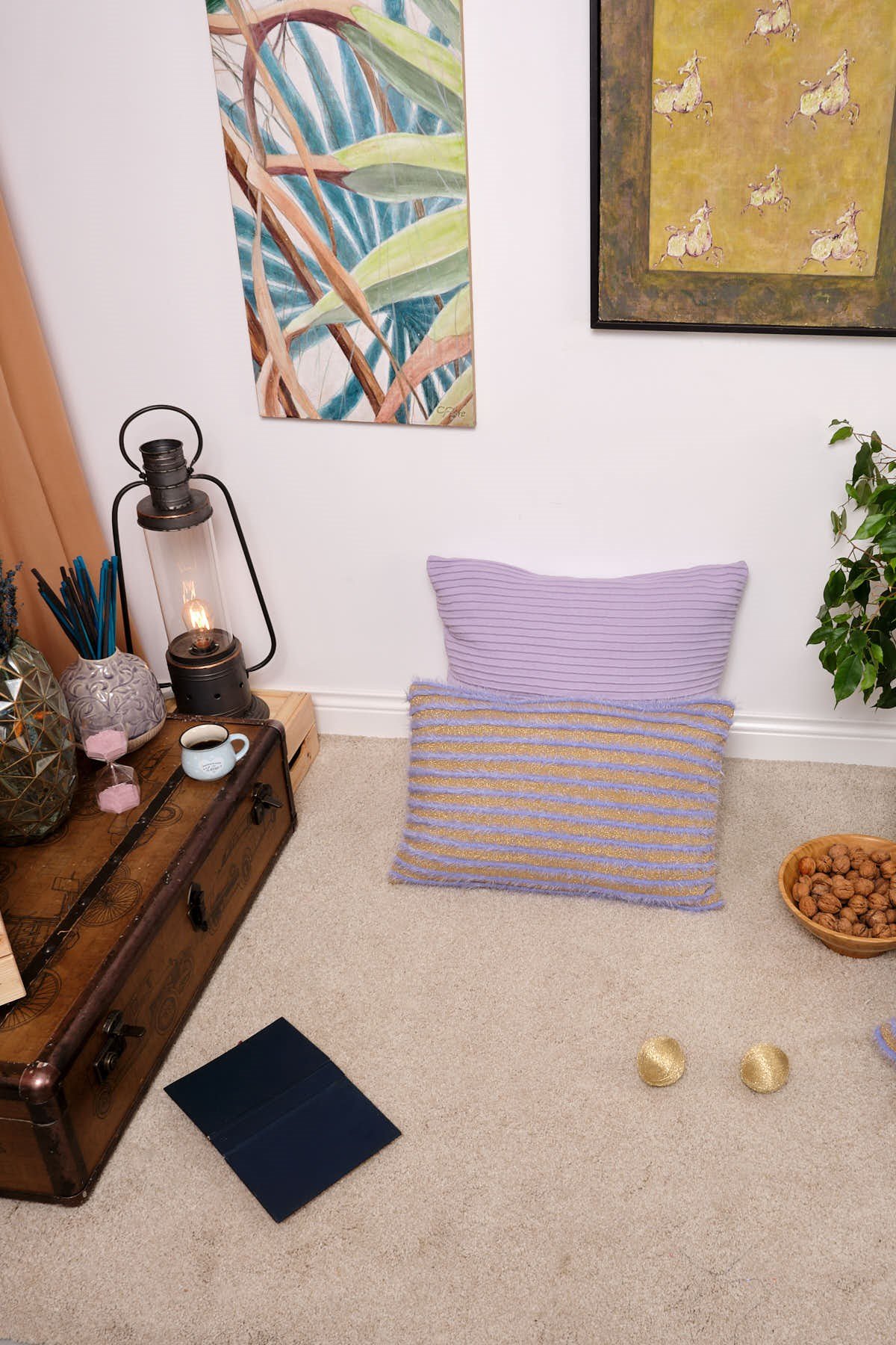 Peraluna LUXURY PILLOW Simli Çizgili İçi Dolu Triko Yastık Açık Lila/Gold