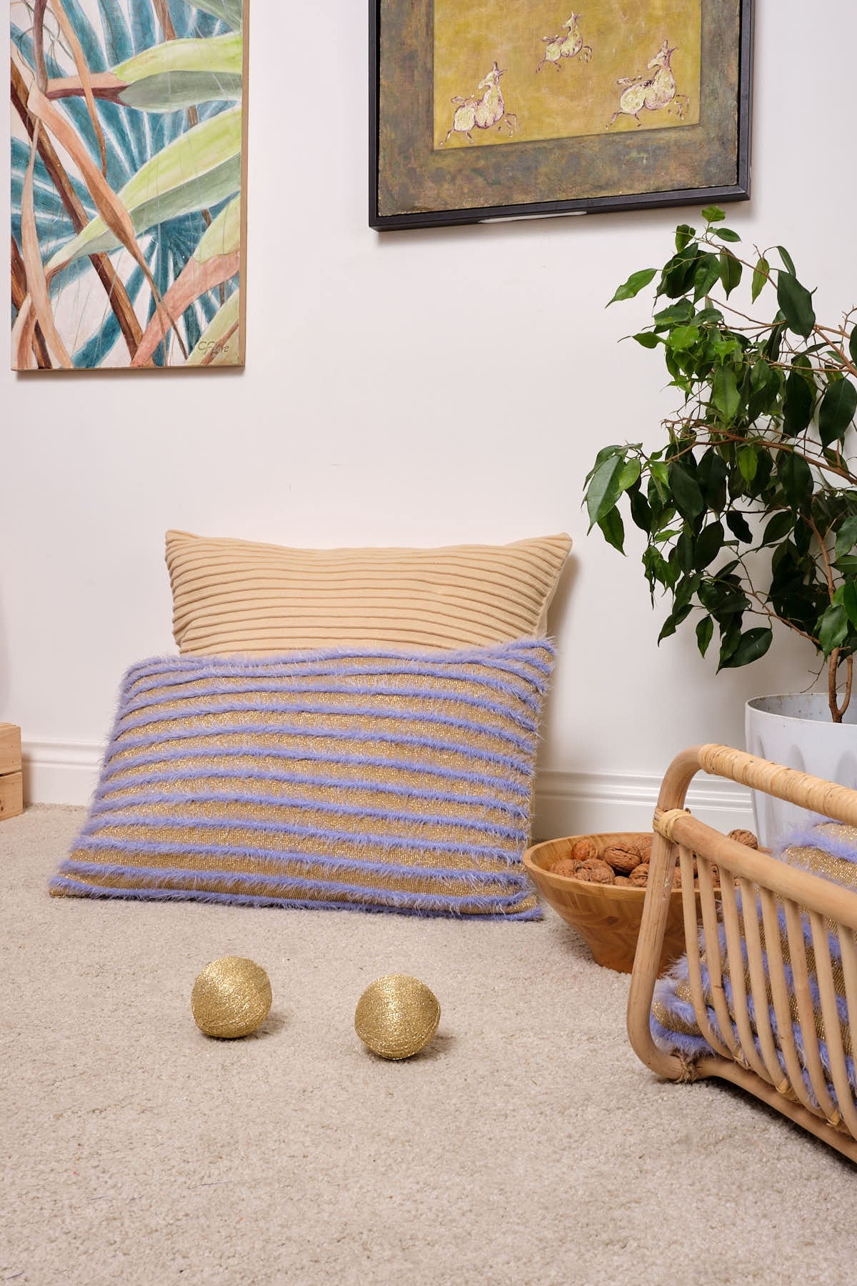 Peraluna LUXURY PILLOW Simli Çizgili İçi Dolu Triko Yastık Açık Lila/Gold