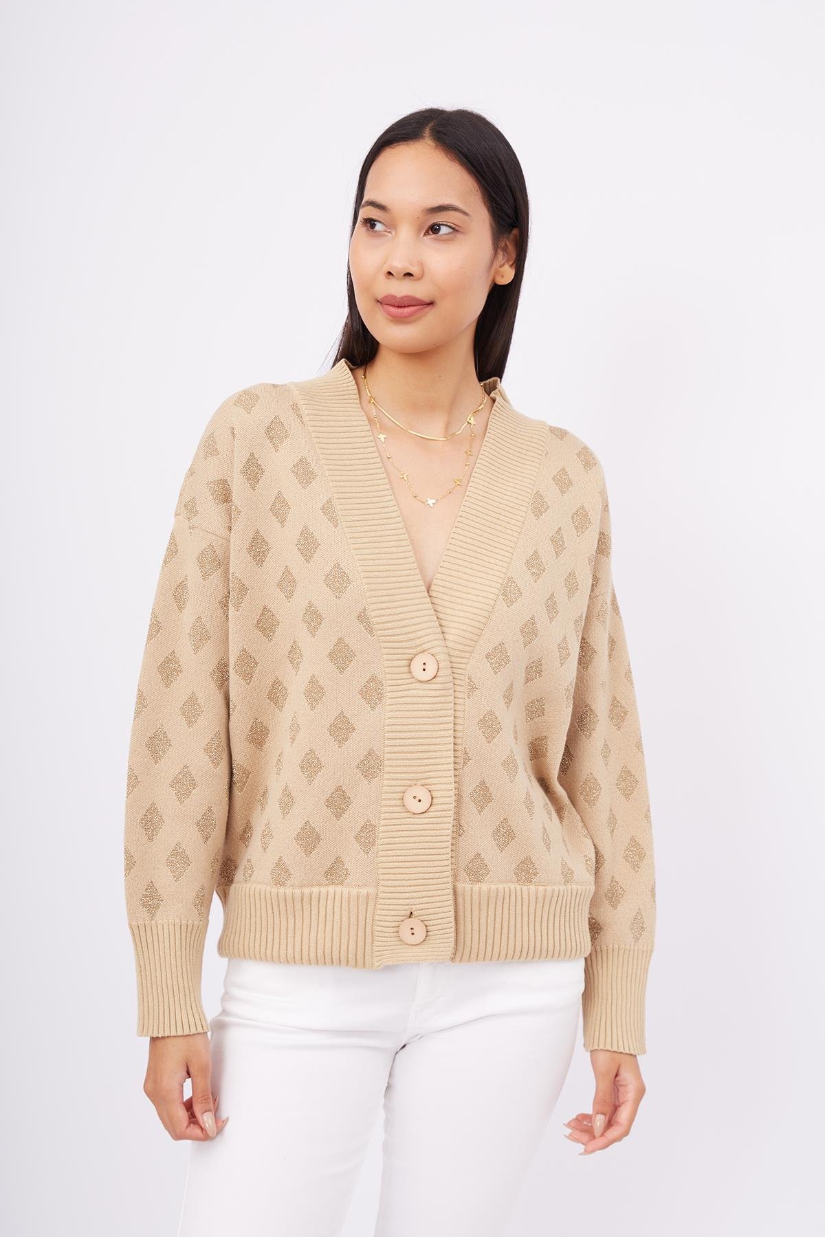 Peraluna MADRIGAL JACKET Simli Diamond Desenli Geniş Kalıp Kadın Triko Hırka - Bej