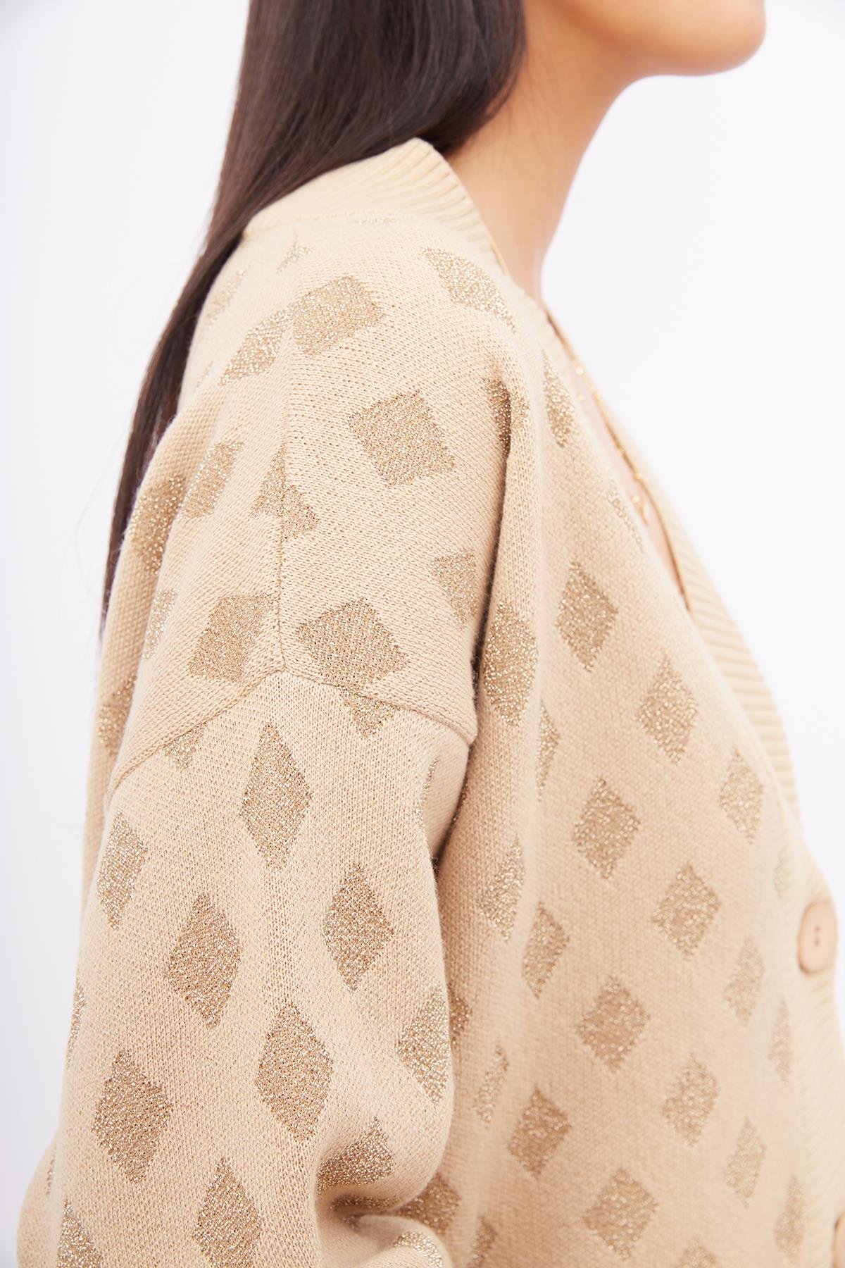 Peraluna MADRIGAL JACKET Simli Diamond Desenli Geniş Kalıp Kadın Triko Hırka - Bej