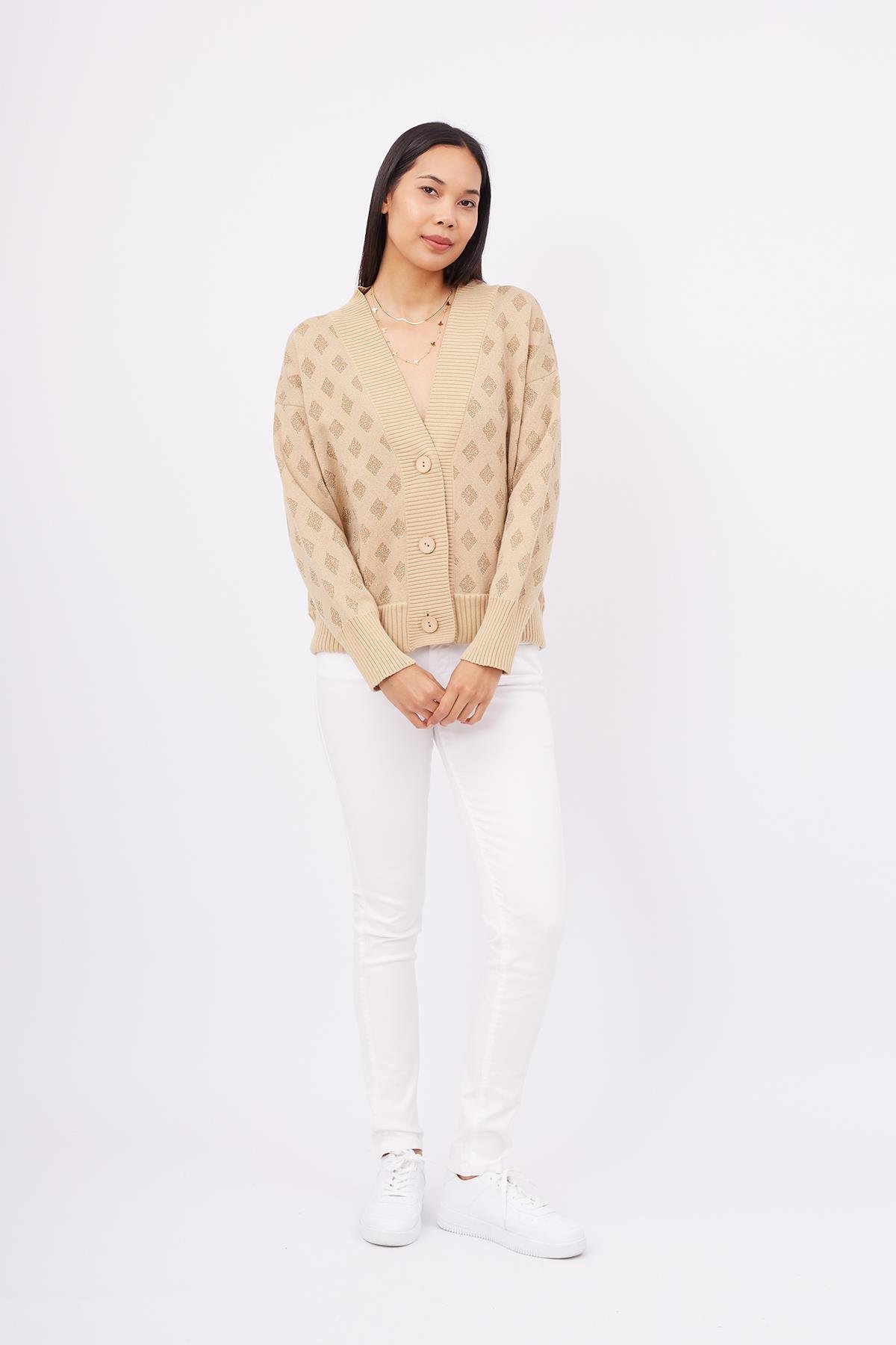 Peraluna MADRIGAL JACKET Simli Diamond Desenli Geniş Kalıp Kadın Triko Hırka - Bej