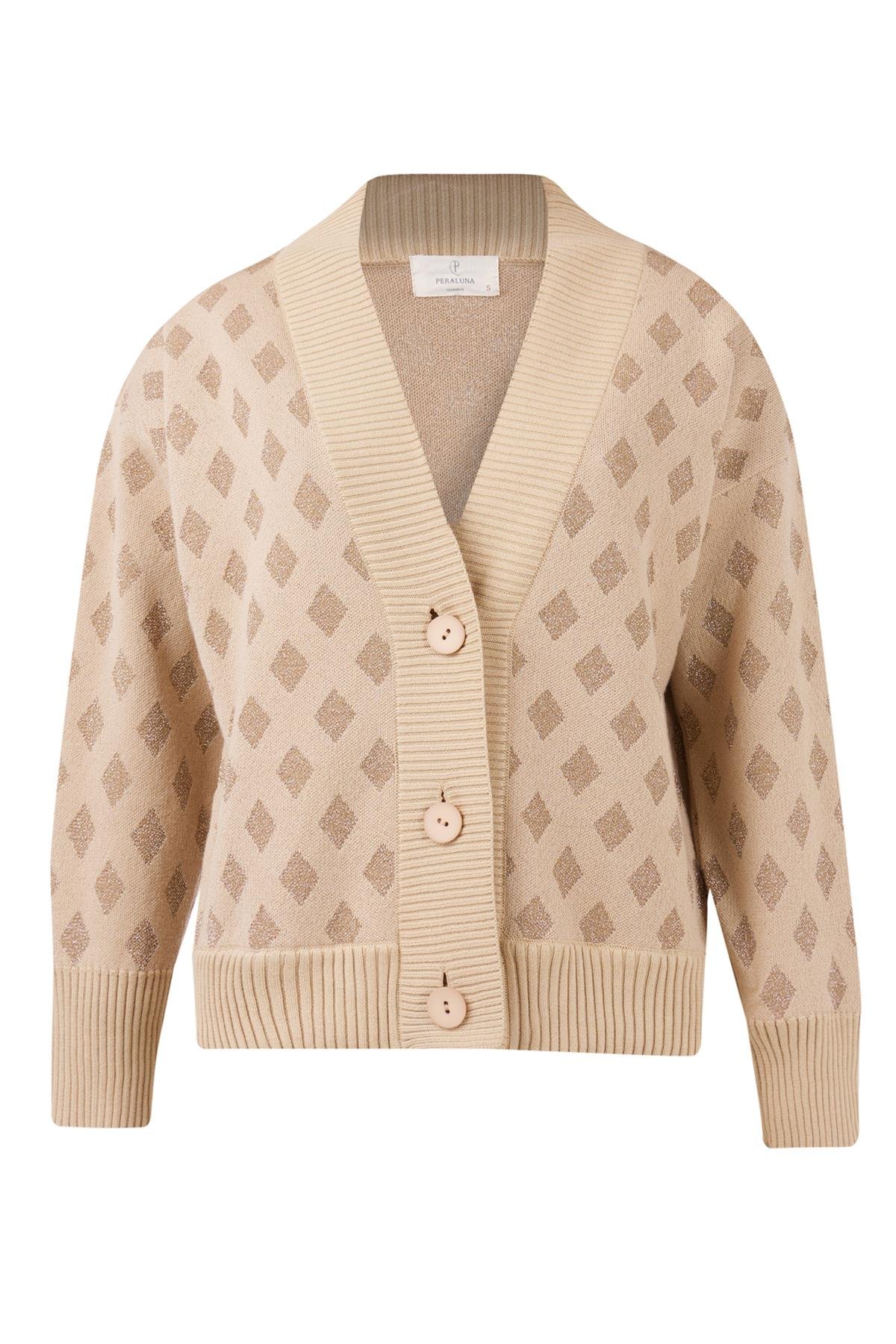 Peraluna MADRIGAL JACKET Simli Diamond Desenli Geniş Kalıp Kadın Triko Hırka - Bej