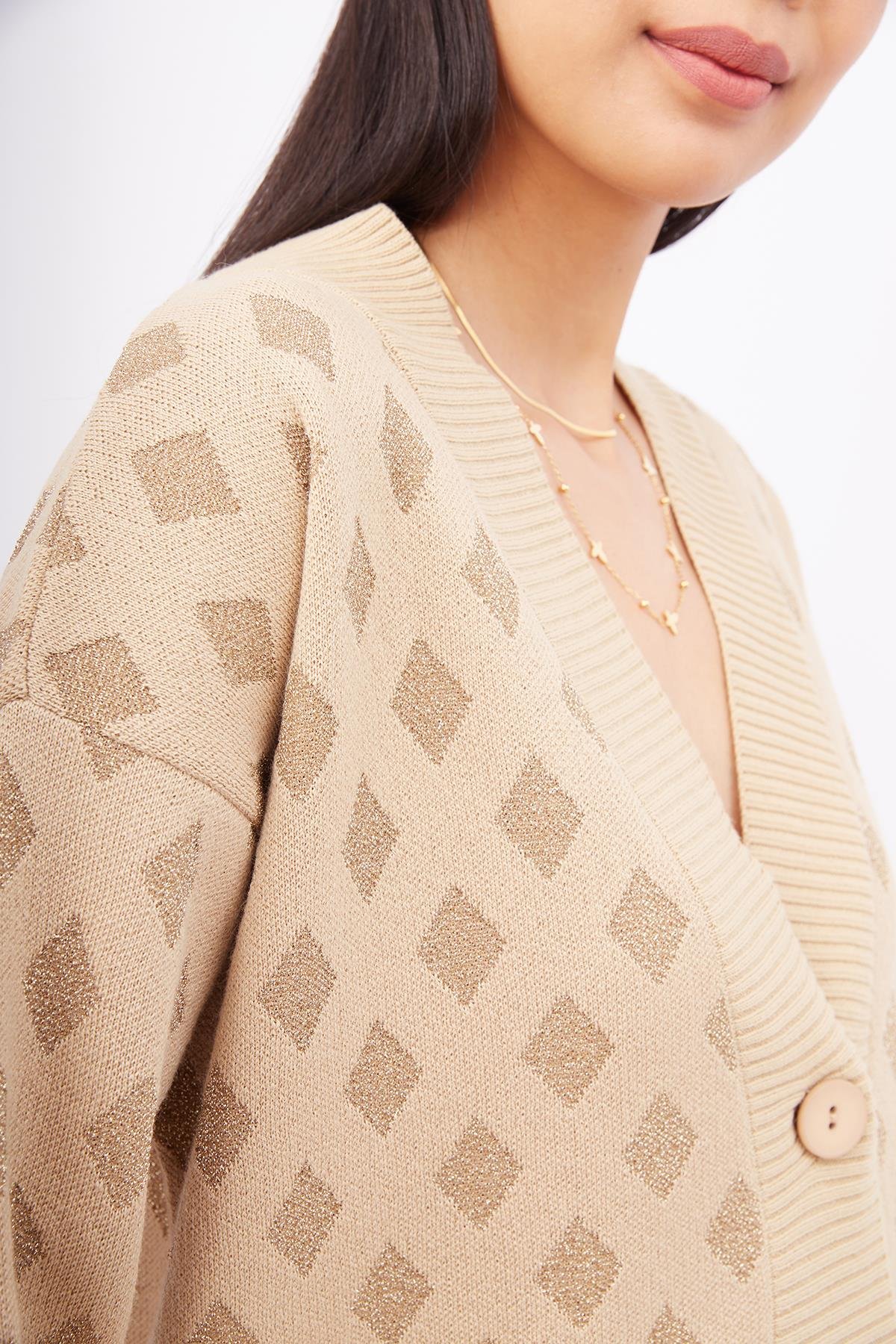 Peraluna MADRIGAL JACKET Simli Diamond Desenli Geniş Kalıp Kadın Triko Hırka - Bej