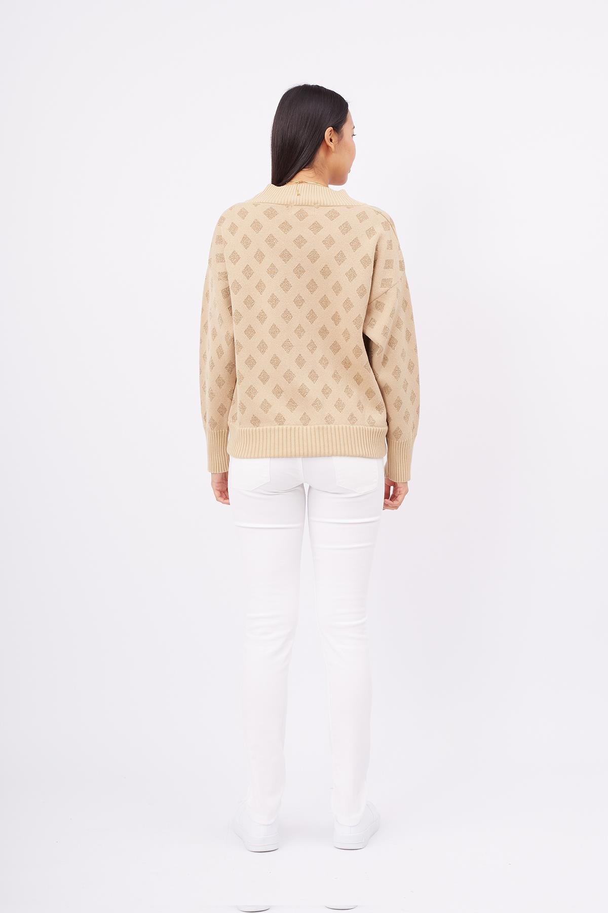 Peraluna MADRIGAL JACKET Simli Diamond Desenli Geniş Kalıp Kadın Triko Hırka - Bej