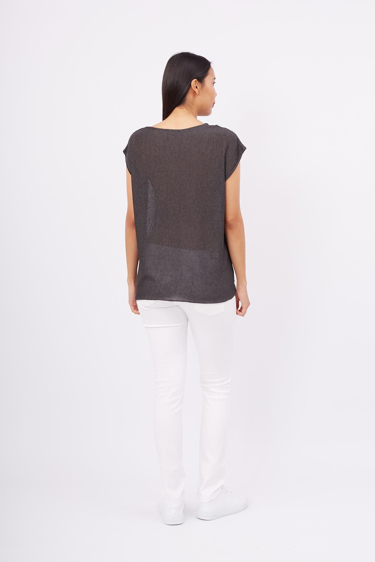 Peraluna Düşük Kol Bluz - Antrasit Melanj