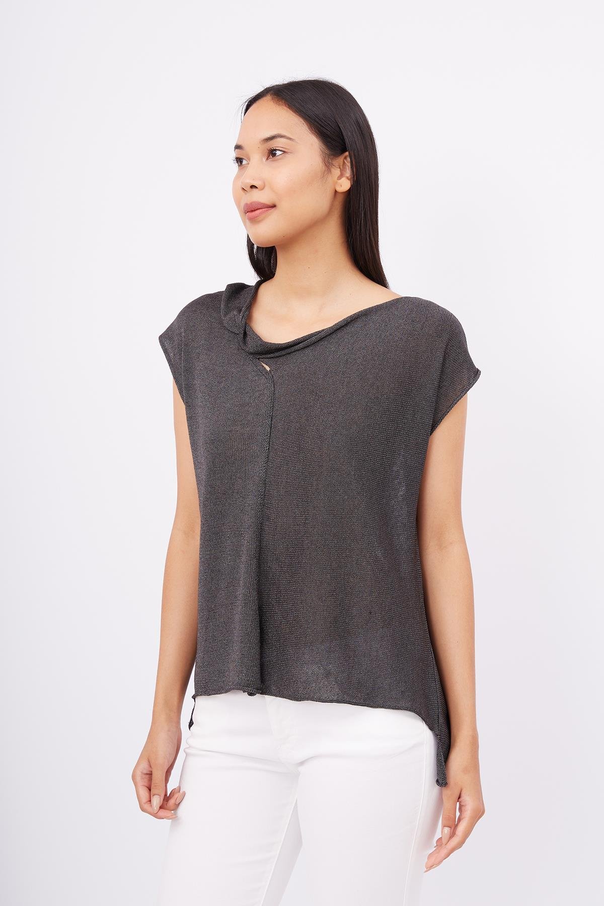 Peraluna Düşük Kol Bluz - Antrasit Melanj