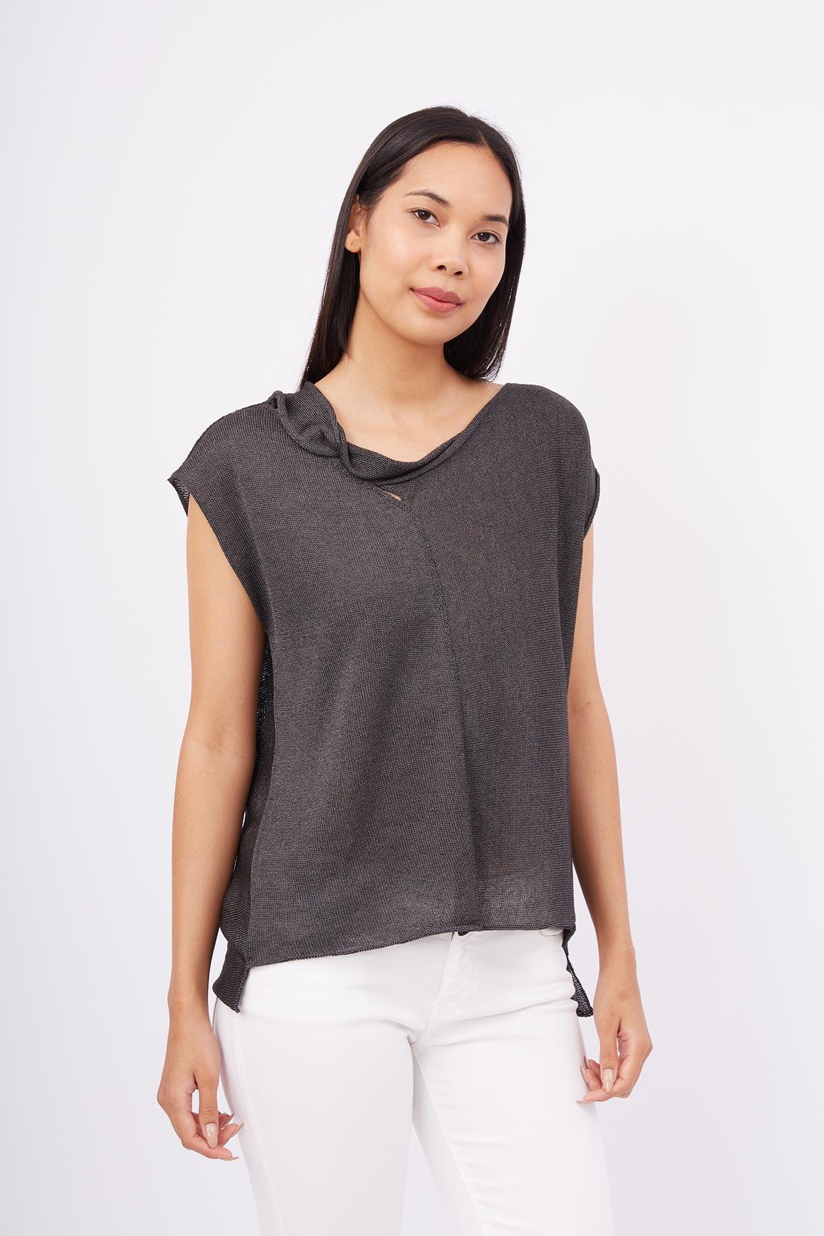 Peraluna Düşük Kol Bluz - Antrasit Melanj